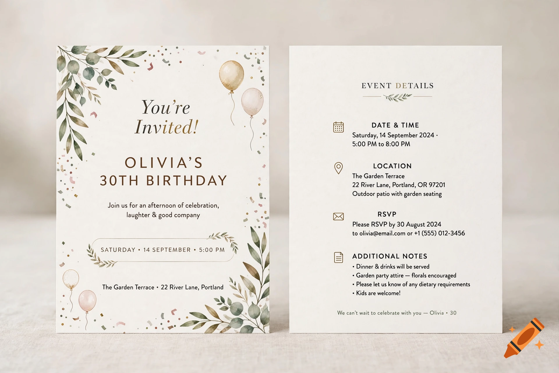 Mockup of a double-sided watercolor birthday invitation with eucalyptus leaves, confetti, and gold text on a neutral background.