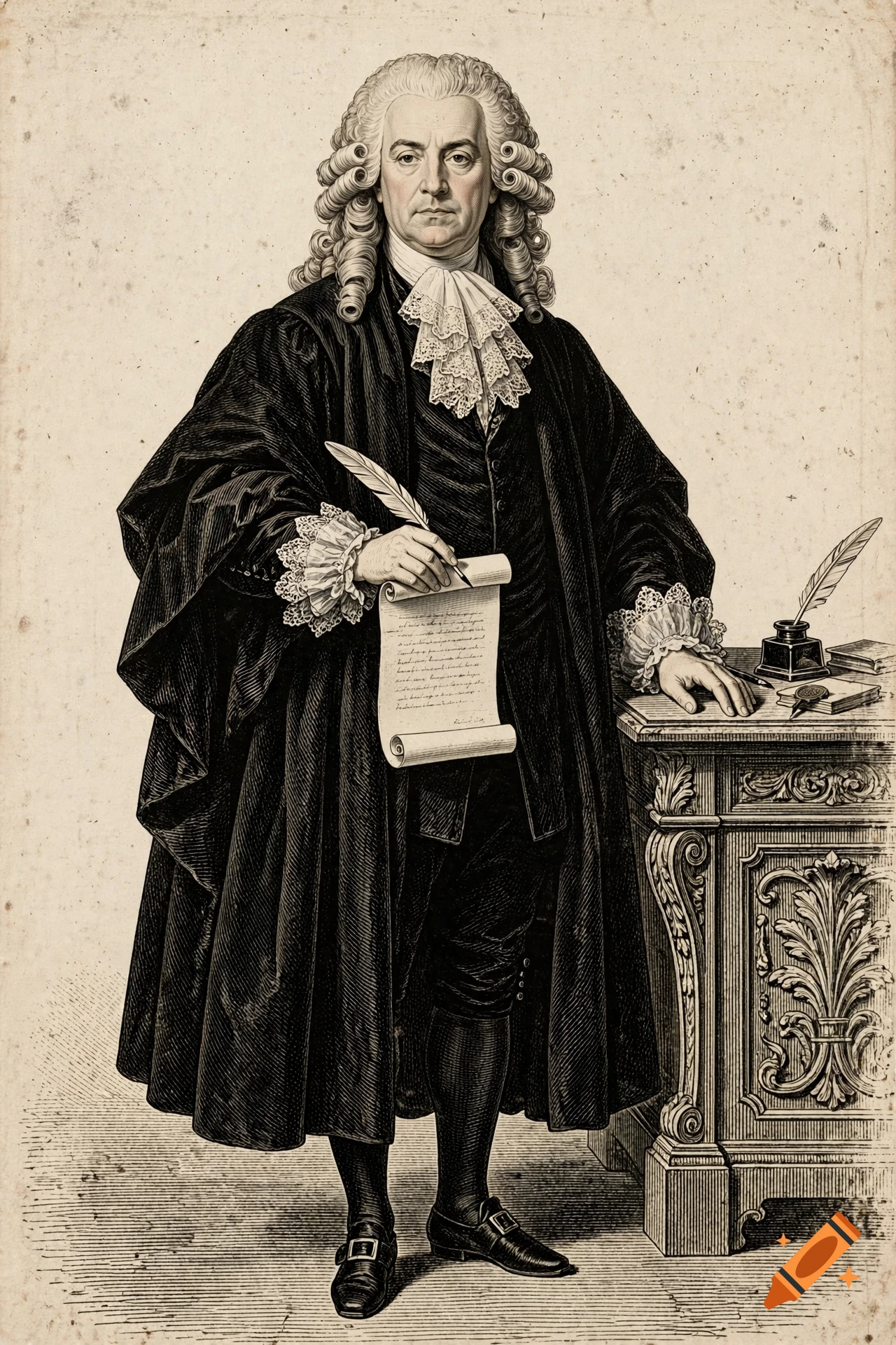An 18th-century copperplate engraving of a French magistrate holding a quill and document.