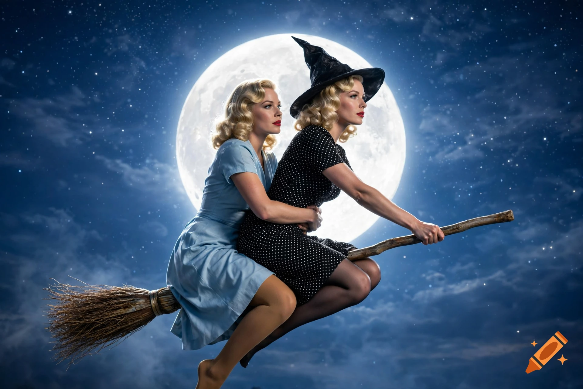 Photorealistic image of a retro pin-up witch and a blonde woman riding a broomstick across a full moon starry night sky.