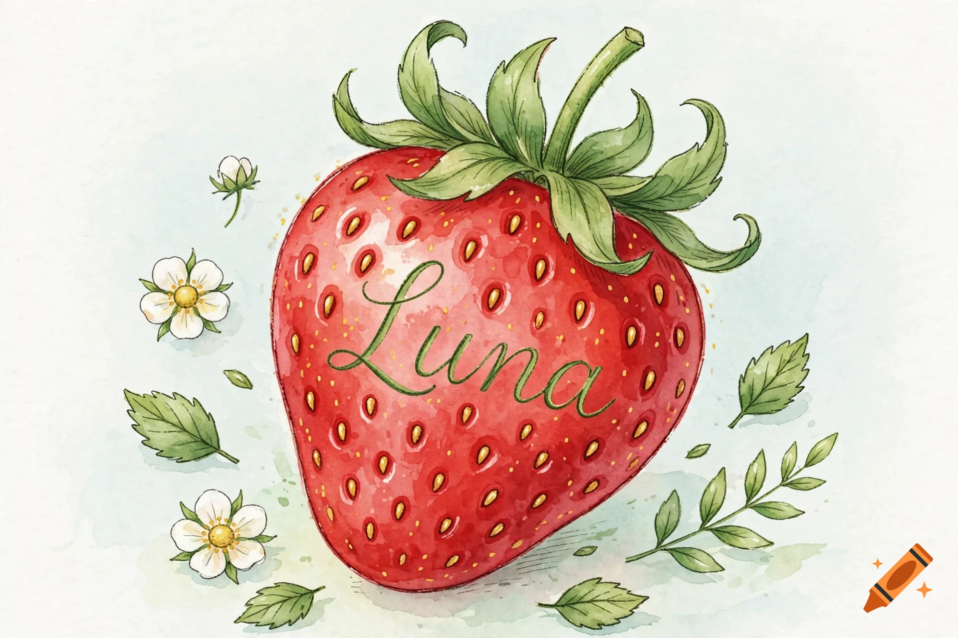 Watercolor illustration of a large red strawberry with the name Luna written on it, surrounded by small white flowers and green leaves.