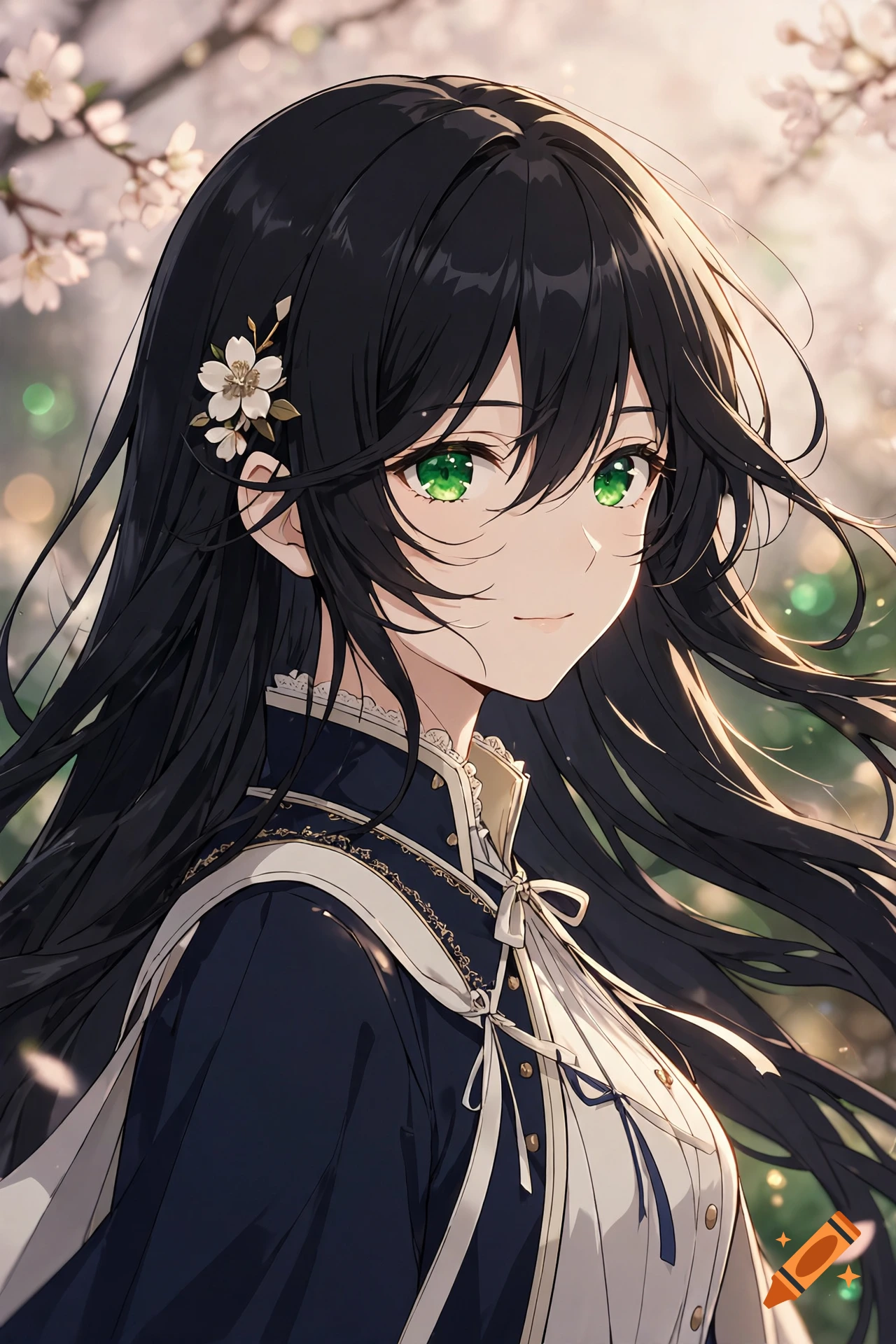 Anime style portrait of a girl with long black hair, green eyes, and a white flower in her hair, wearing a dark blue and white collared outfit.