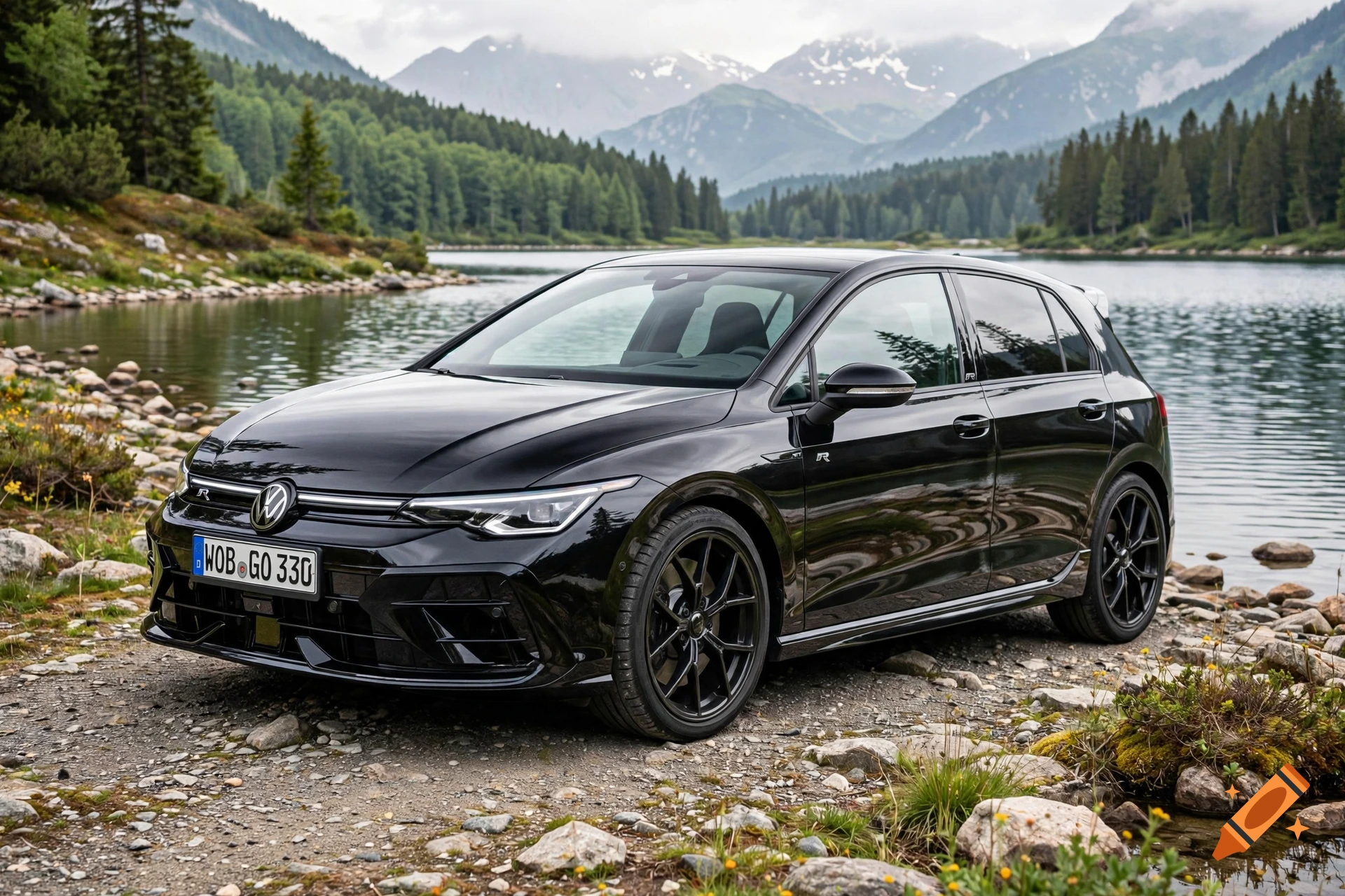 Photorealistic image of a glossy black Volkswagen Golf R parked on a gravel path beside a mountain lake and forest.