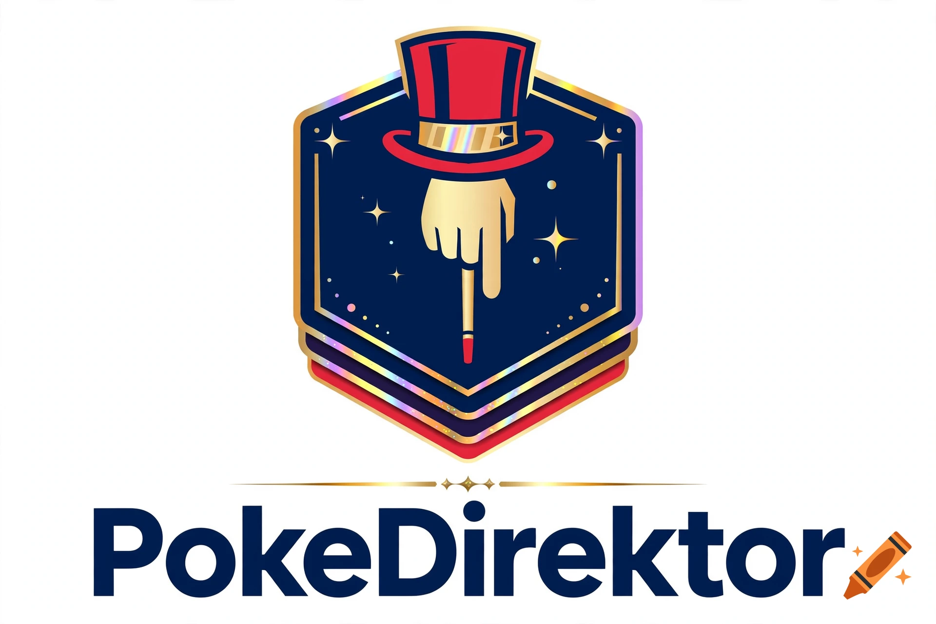 Logo featuring a hexagon with a top hat, holding a pointing stick, and the text PokeDirektor.