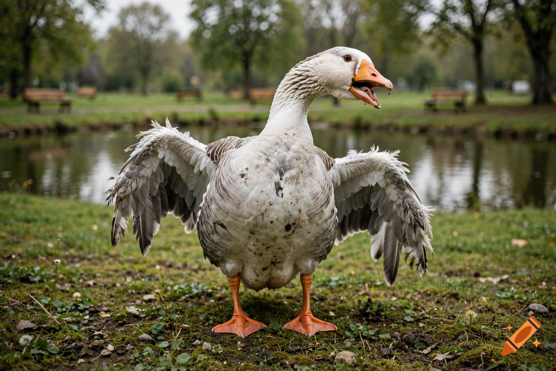 Photorealistic image of a silly goose standing in a park with its wings spread out, facing the camera near a pond.
