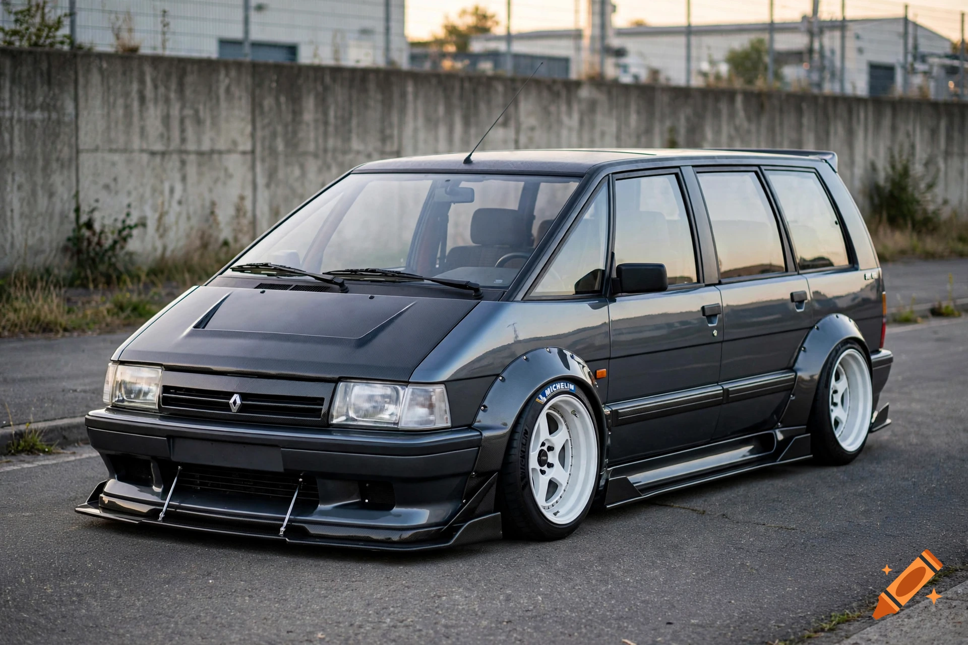 Photorealistic modified grey Renault Espace Mk1 with wide body kit and white six-spoke wheels parked on a street.