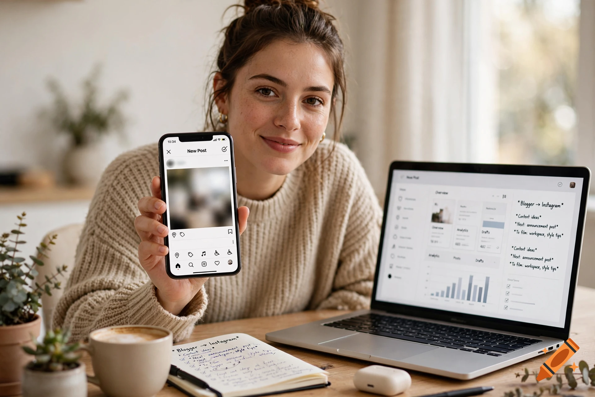 Photorealistic image of a smiling young woman holding up a smartphone showing a social media app interface while sitting at a desk with a laptop.
