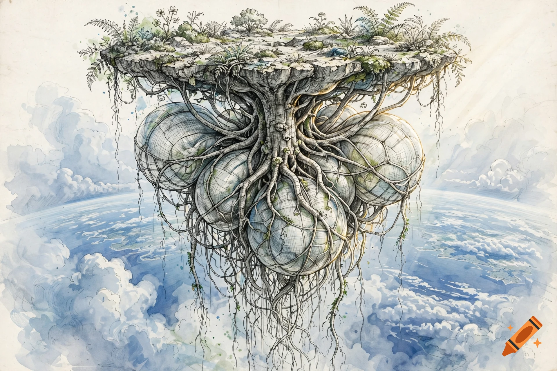 Detailed pen and ink sketch with watercolor of a floating island with hanging gas-filled spheres above Earth.