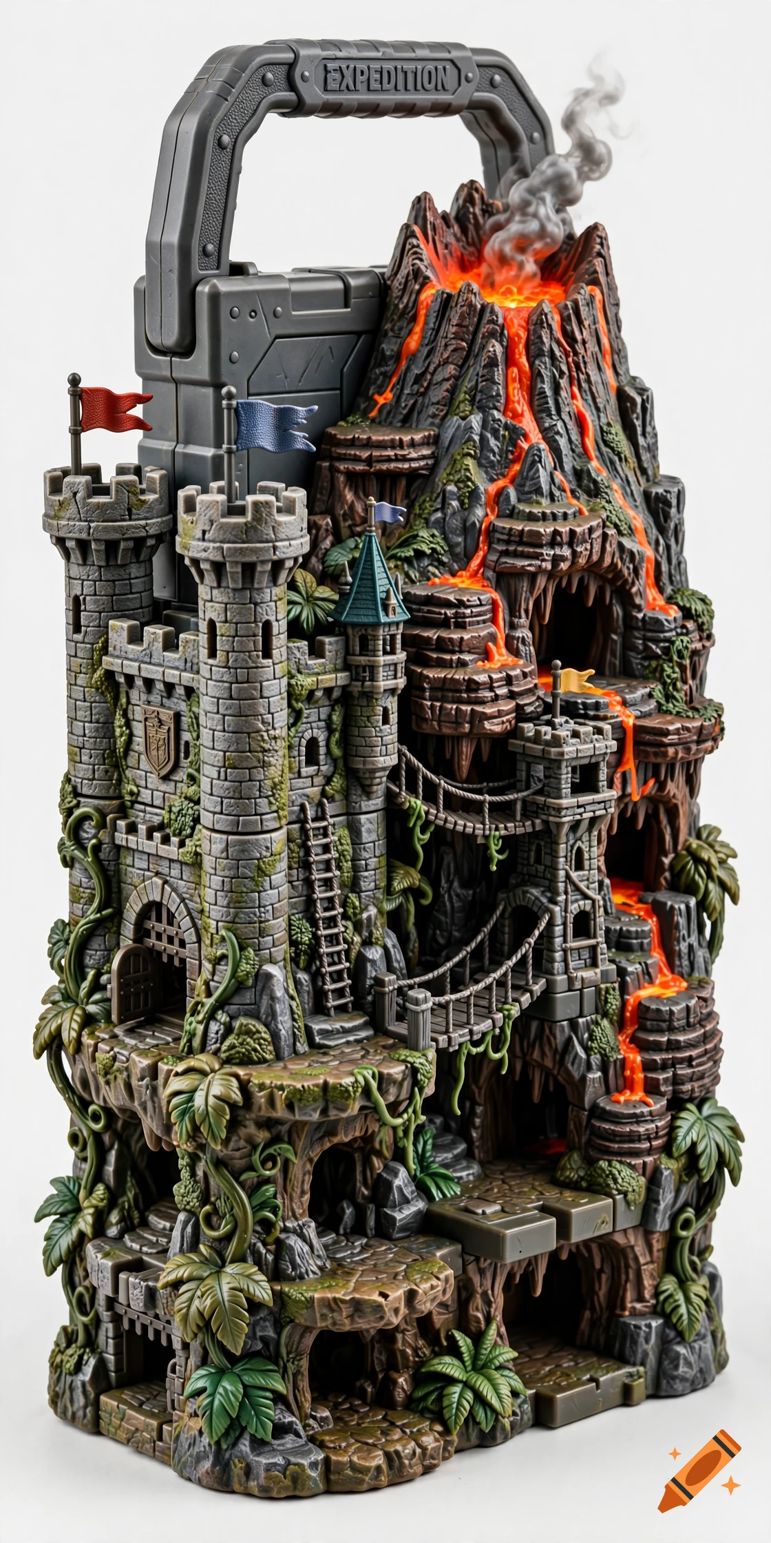 A vertically designed toy playset combining a medieval castle, jungle foliage, and a smoking volcano with a carrying handle.