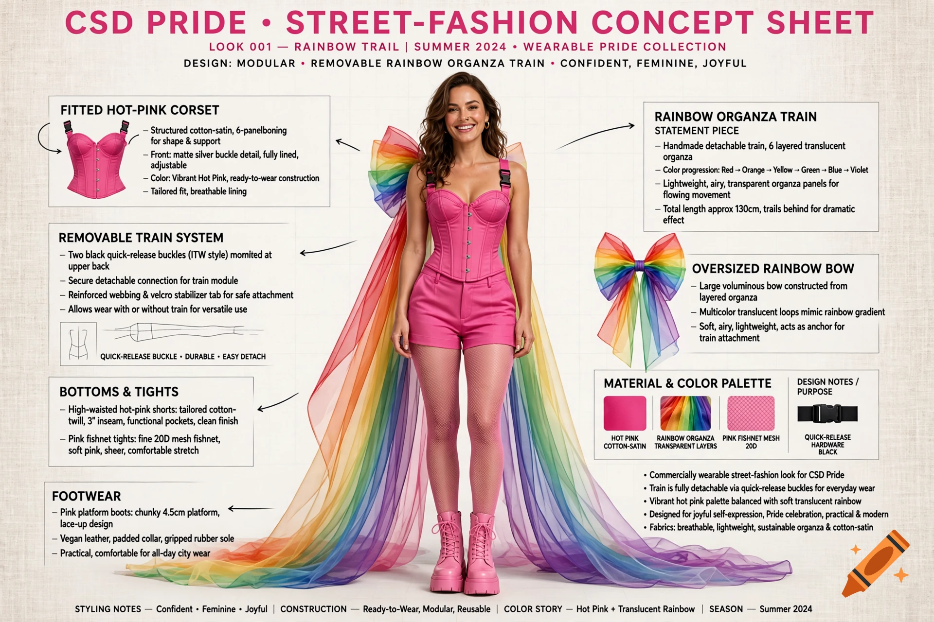 Professional fashion design concept sheet showing a CSD Pride outfit with a pink corset, shorts, and detachable rainbow organza train.