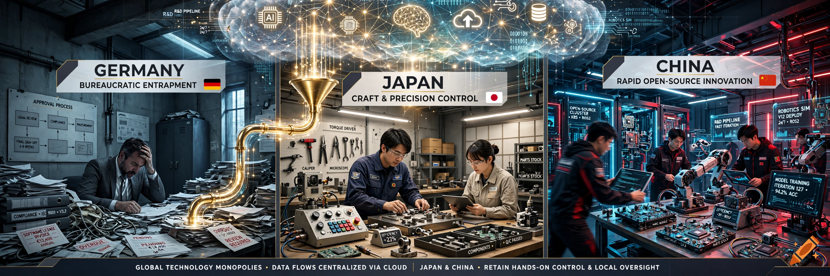 A conceptual split-screen illustration comparing SME factory styles in Germany, Japan, and China under a global cloud AI monopoly.