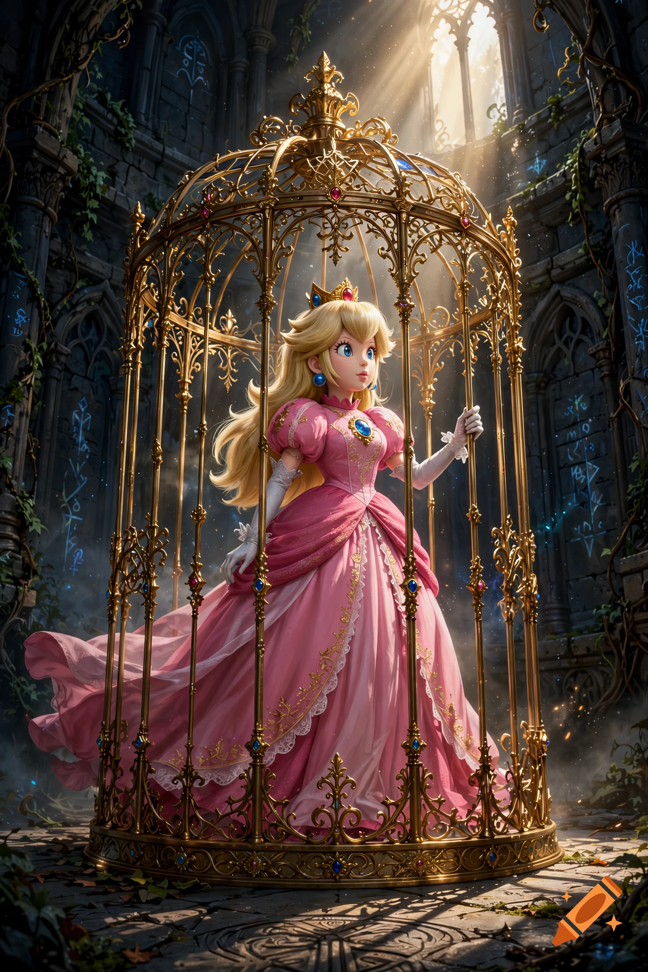 Princess Peach in a golden cage inside a stone castle, digital art style.