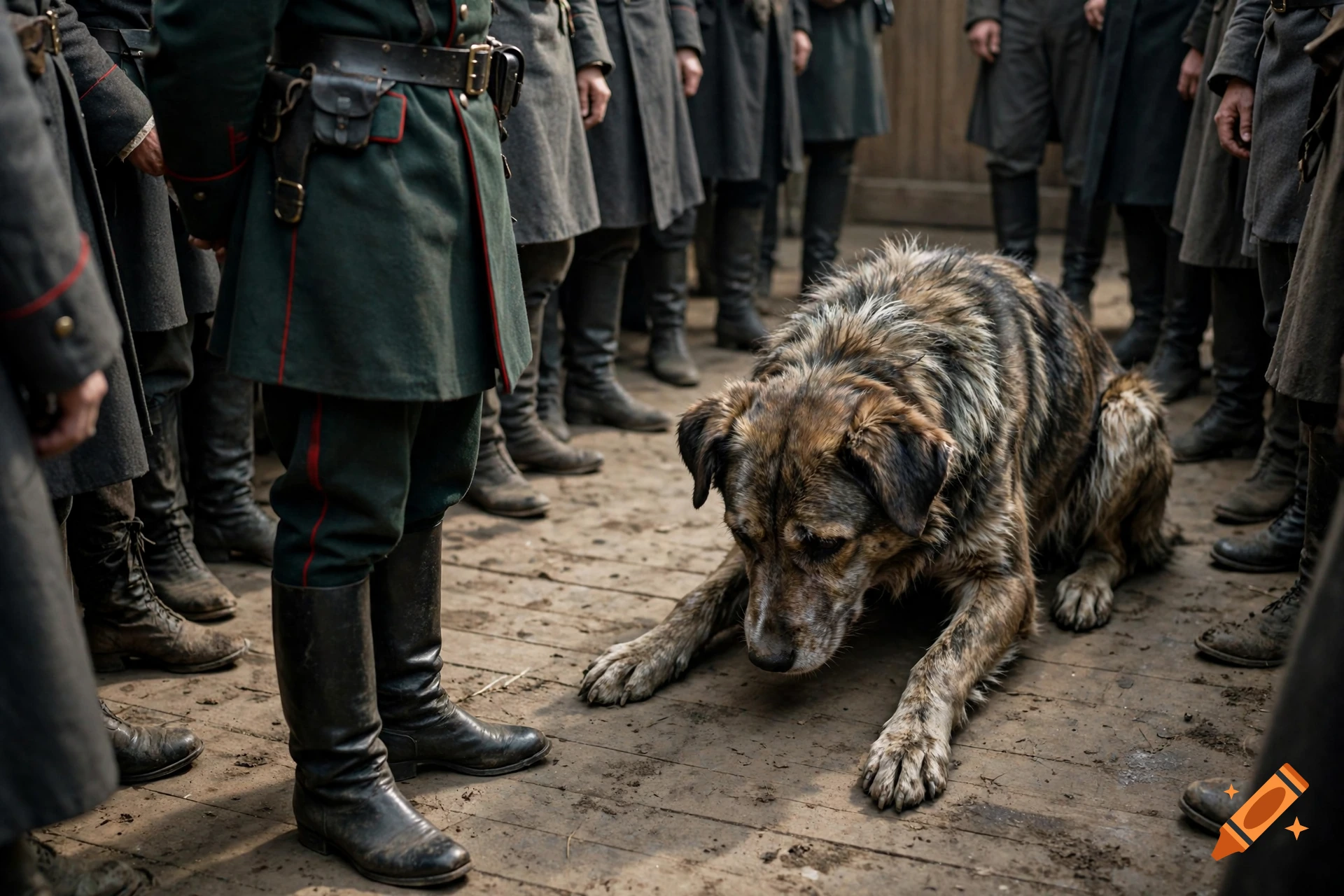A sad dog sitting on a wooden floor surrounded by people in historical uniforms, viewed from a high angle.