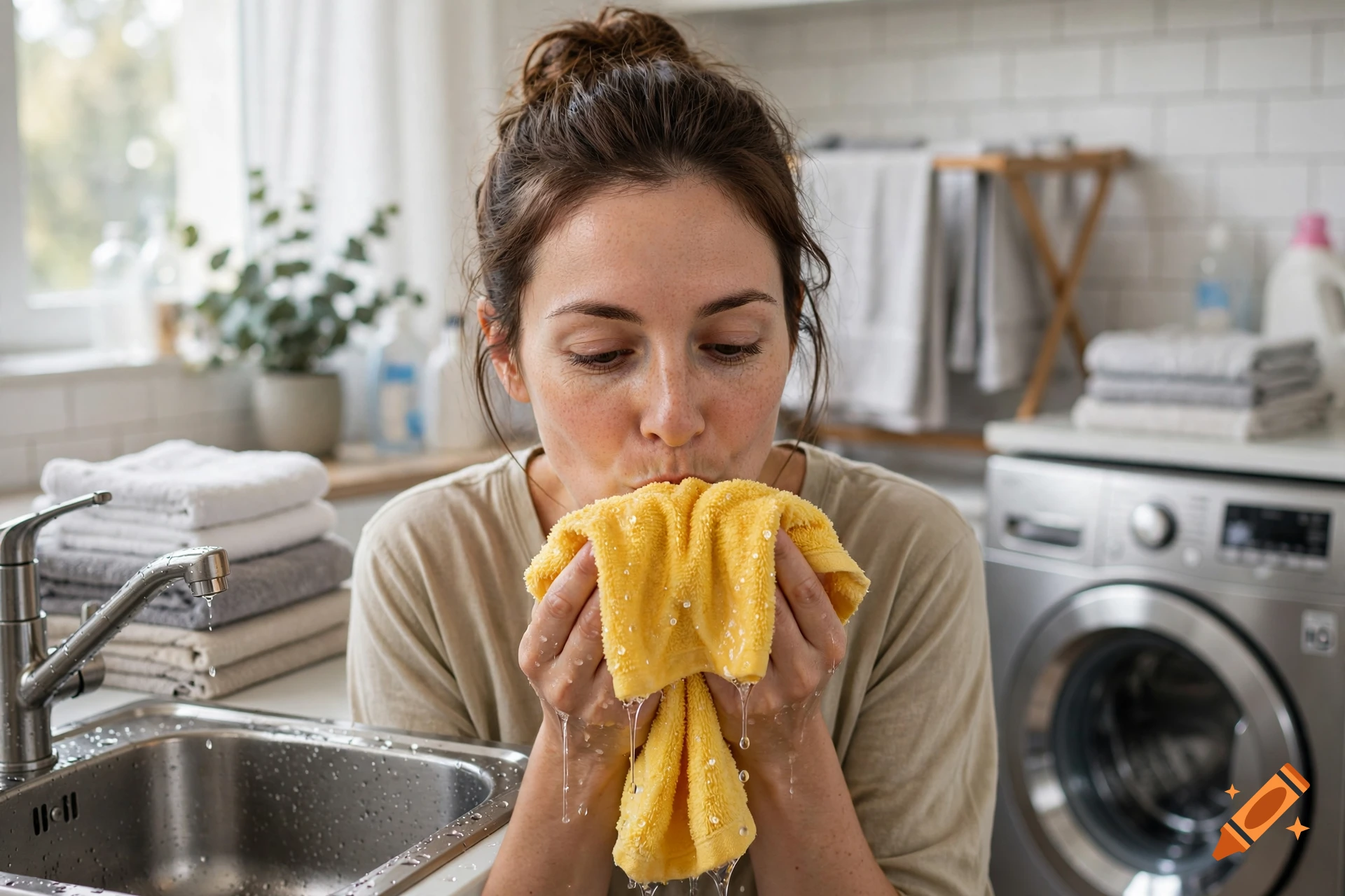 Photorealistic image of a young woman with hair in a bun kissing a wet yellow towel in a kitchen.