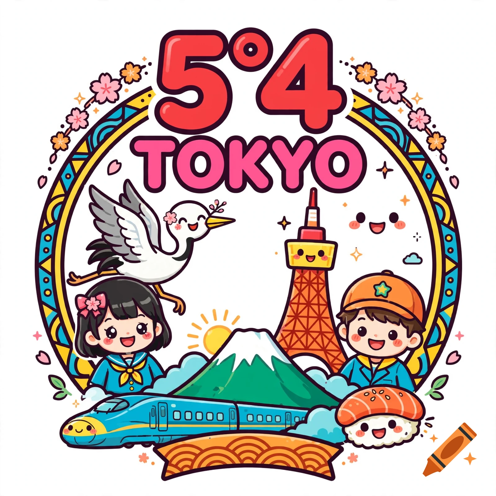 Kawaii style Tokyo logo featuring Mount Fuji, Tokyo Tower, Shinkansen bullet train, a crane, sushi, and children.
