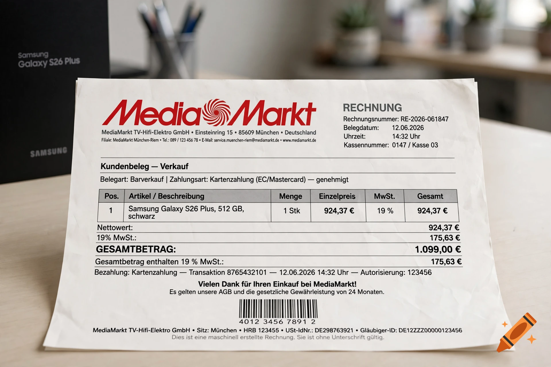 Photorealistic receipt from MediaMarkt for a Samsung Galaxy S26 Plus on a wooden table.
