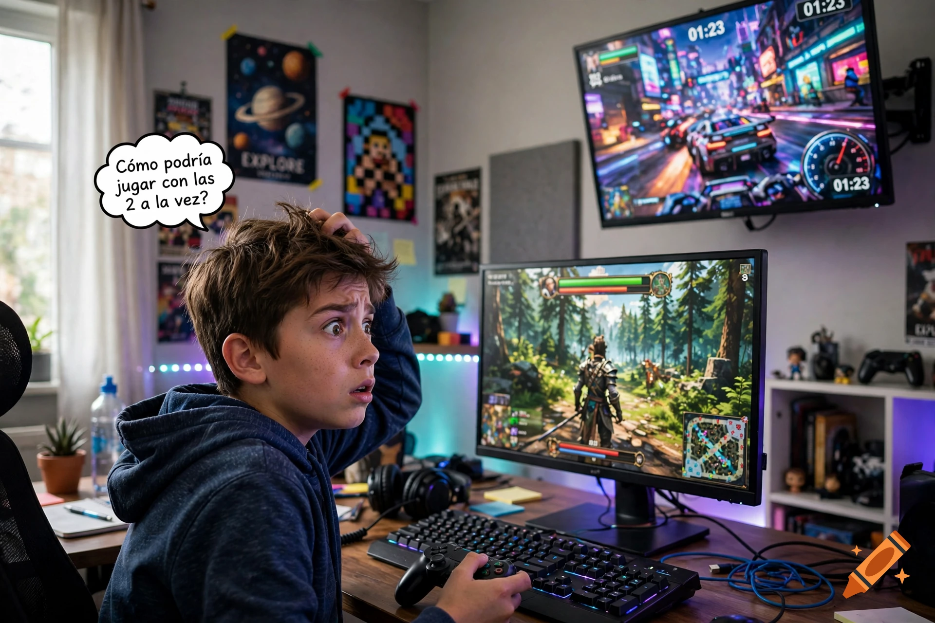 Photorealistic image of a young boy looking confused while gaming across two separate screens in a bedroom.