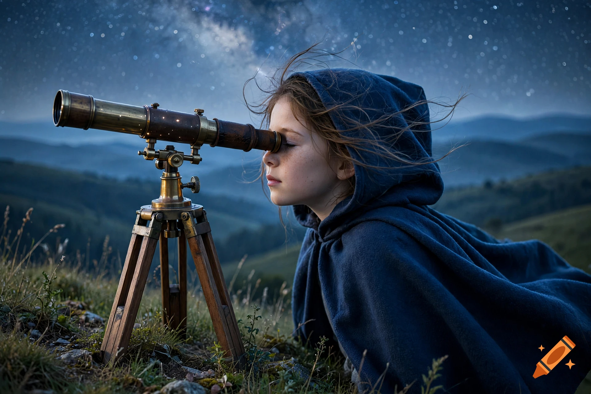 Photorealistic image of a young girl in a blue hooded cloak looking through a vintage brass telescope at a starry night sky over hills.