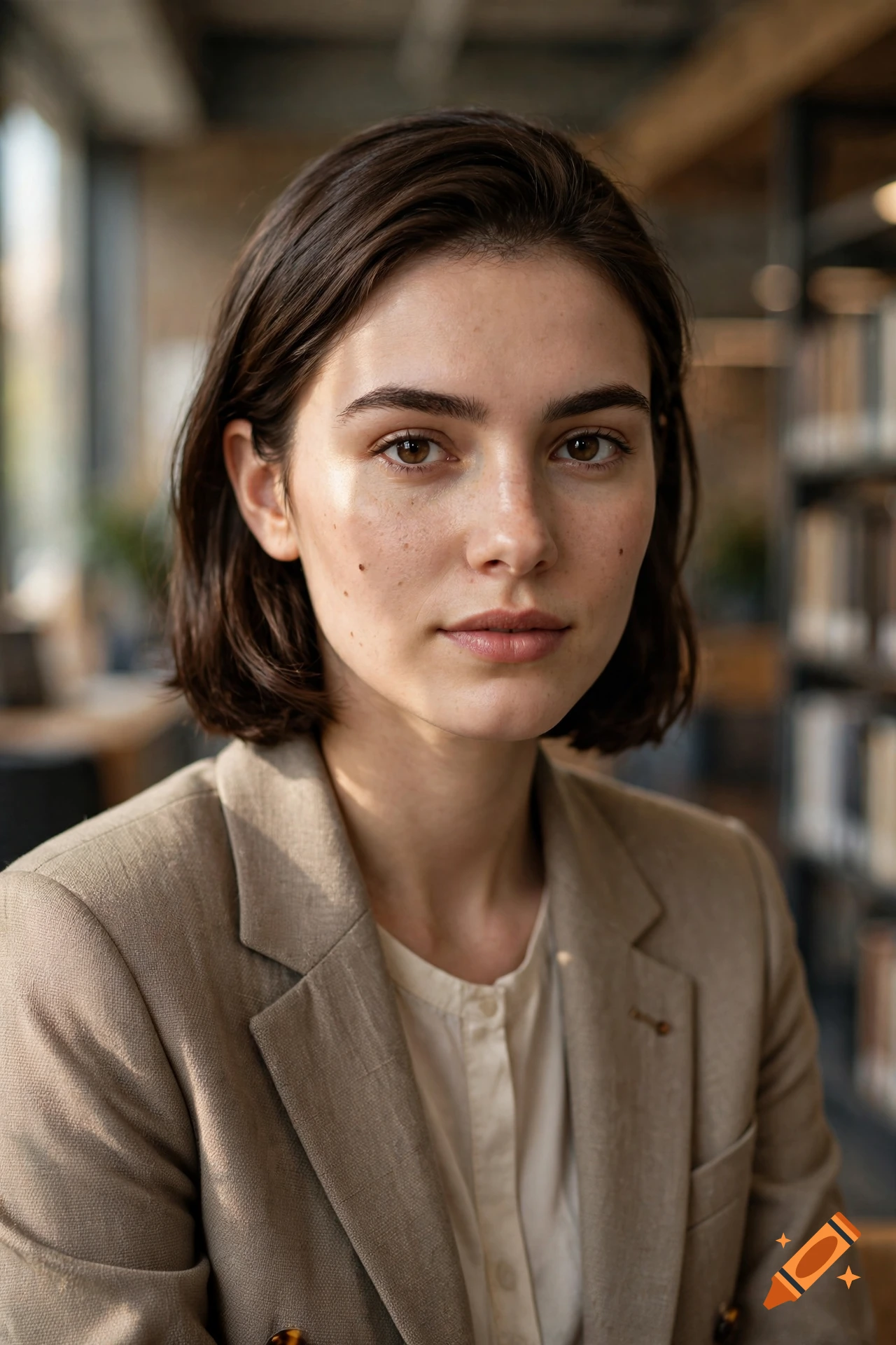 Photorealistic close-up portrait of a young brunette woman with short hair and freckles, wearing a beige blazer in an office setting.