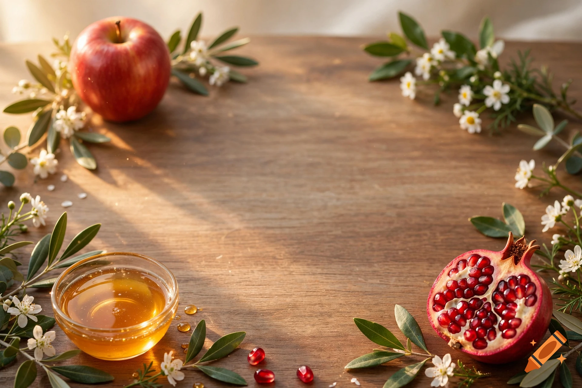 Photorealistic flat lay of Rosh Hashanah symbols including an apple, a bowl of honey, pomegranate, and white flowers on a wooden table.