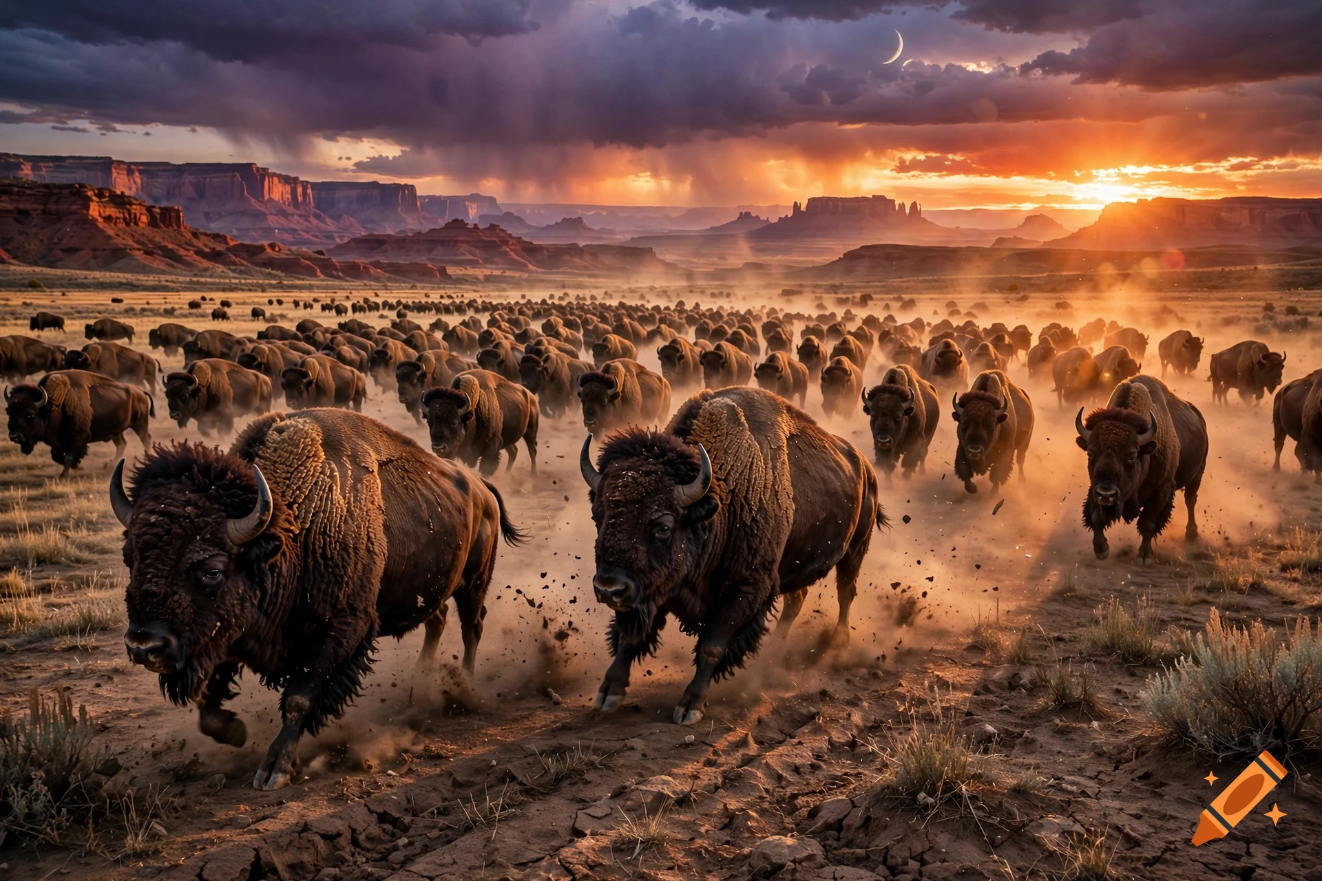 Cinematic photograph of a massive bison herd stampeding across a wild west steppe during a dramatic sunset.