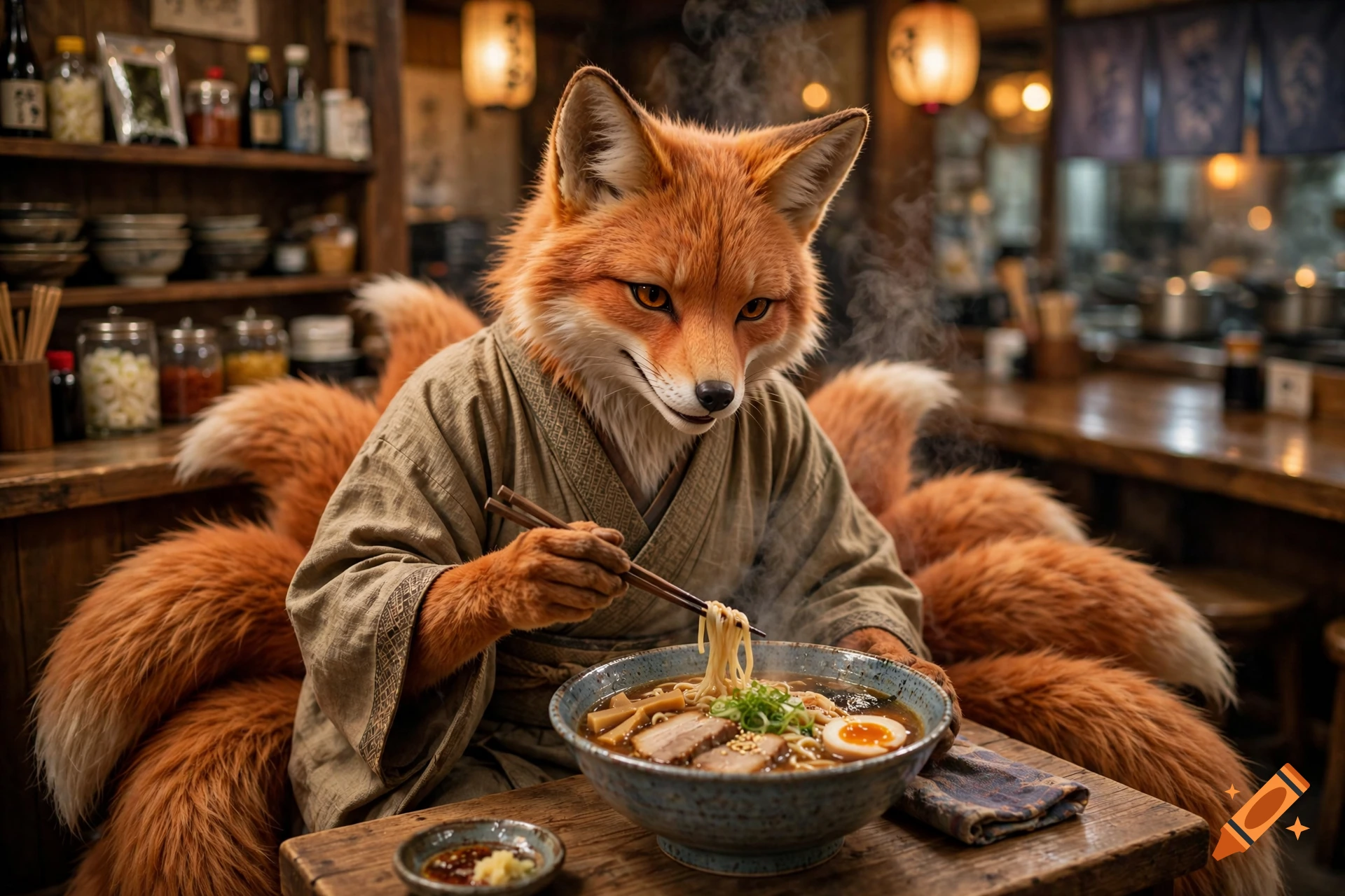 Photorealistic image of a kitsune with multiple tails sitting in a traditional Japanese ramen shop, eating a bowl of noodles with chopsticks.