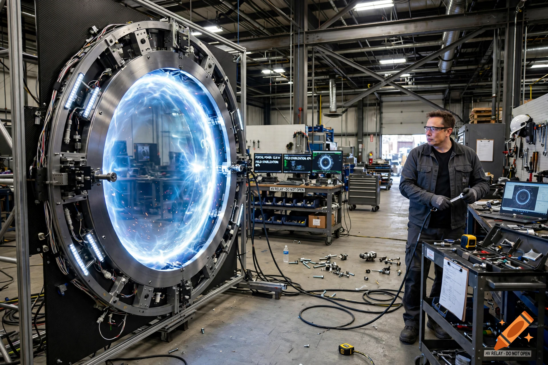 Elon Musk setting up a large glowing portal in a workshop.