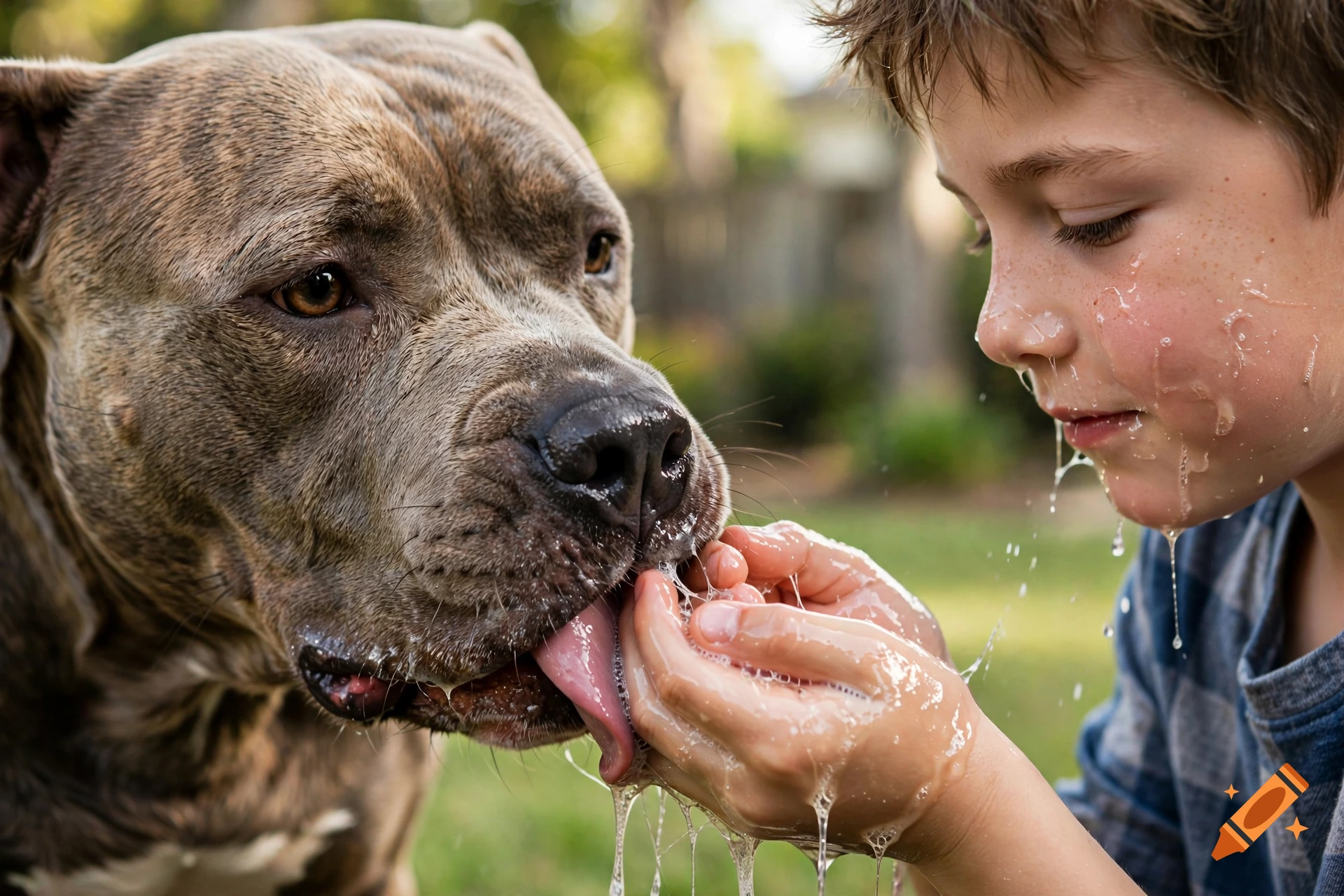 Photorealistic close-up of a pit bull licking the hands and face of a young boy outdoors.