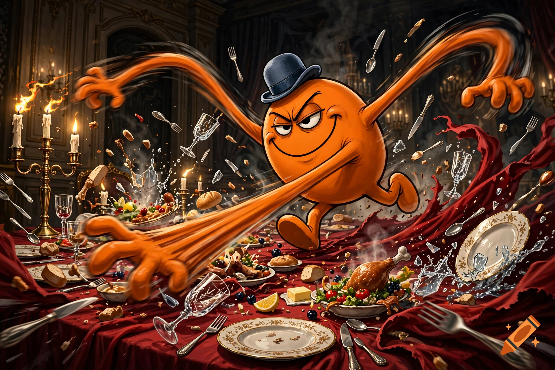 An orange cartoon character wearing a bowler hat with long stretching arms attacking a chaotic dinner table. Digital illustration.