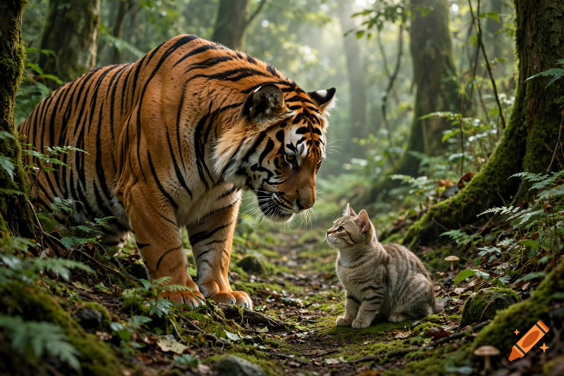 A large tiger and a small tabby cat facing each other on a mossy path in a lush, foggy forest. Photorealistic.