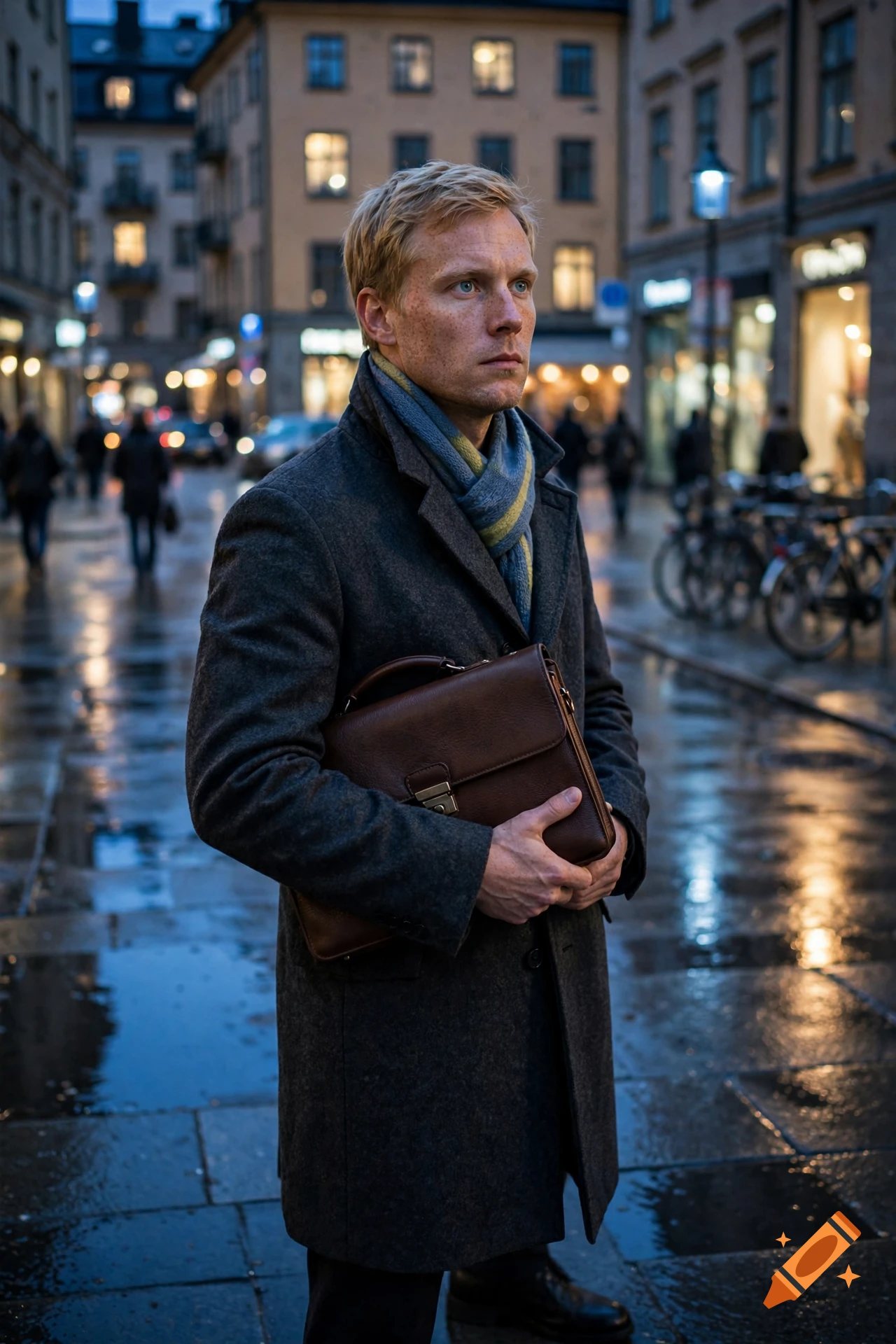 Photorealistic medium shot of a blond man in a grey coat holding a briefcase on a wet cobblestone street at dusk.