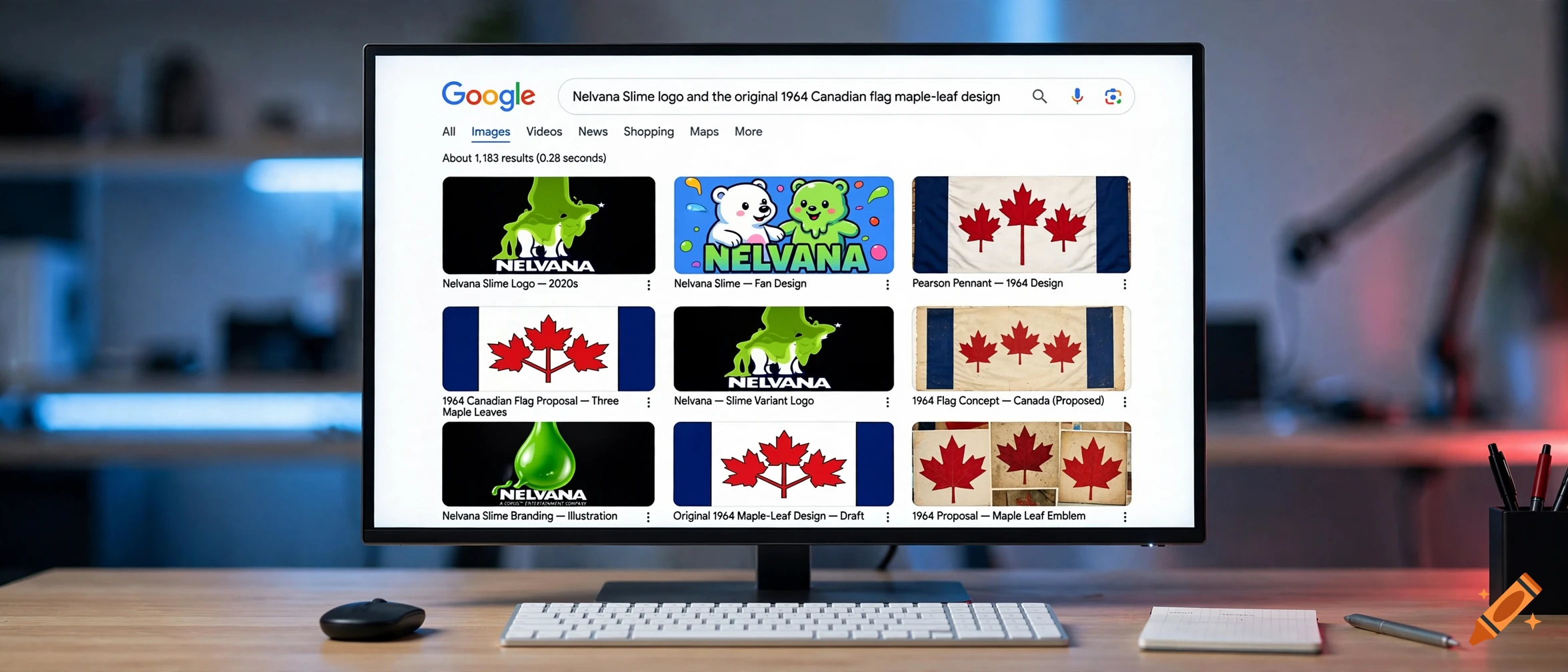 A computer monitor displaying a Google image search results page for Nelvana Slime logo and 1964 Canadian flag designs.