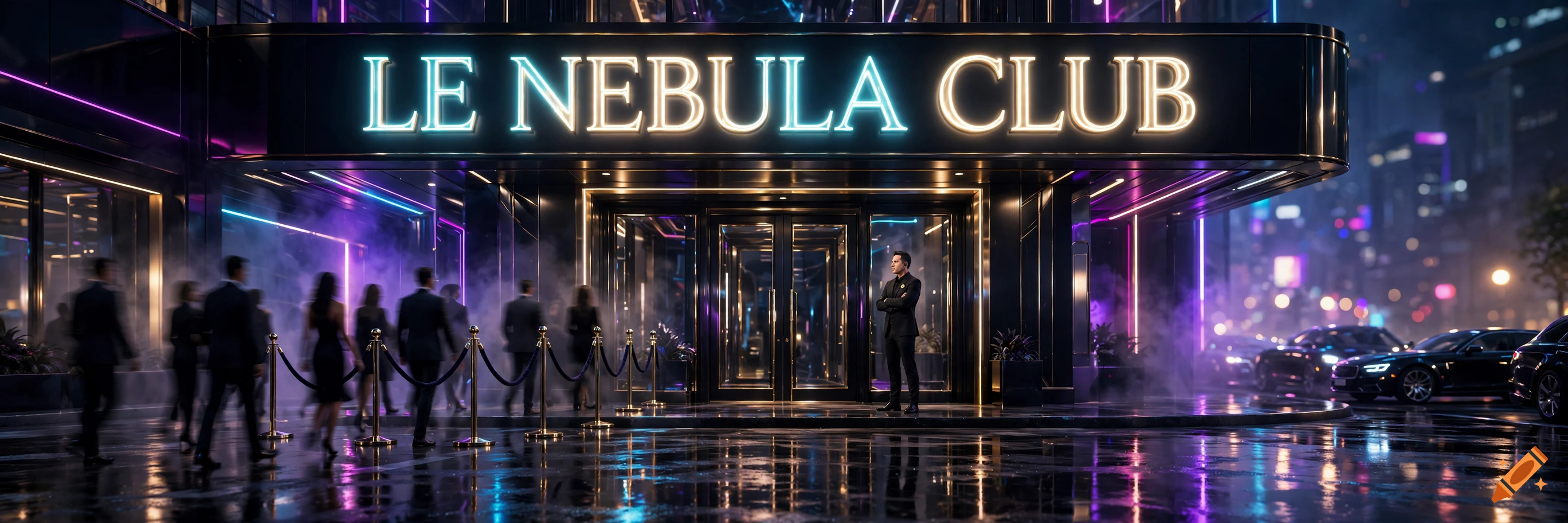 Exterior view of LE NEBULA CLUB at night, featuring glowing neon signage, a doorman standing near the entrance, and patrons walking past velvet ropes on a wet sidewalk.