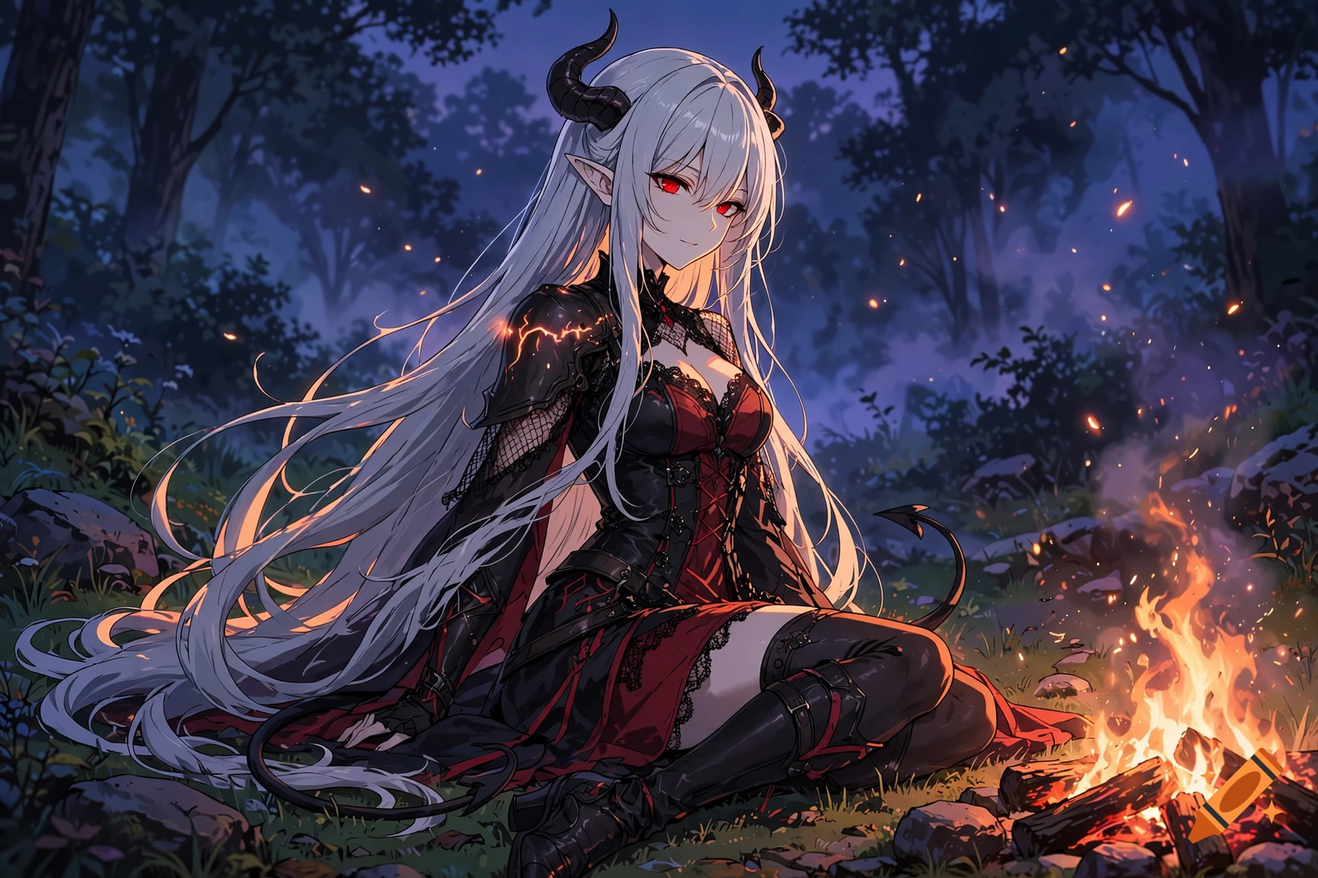 Anime style illustration of a silver-haired demoness with horns sitting by a campfire in a forest at dusk.