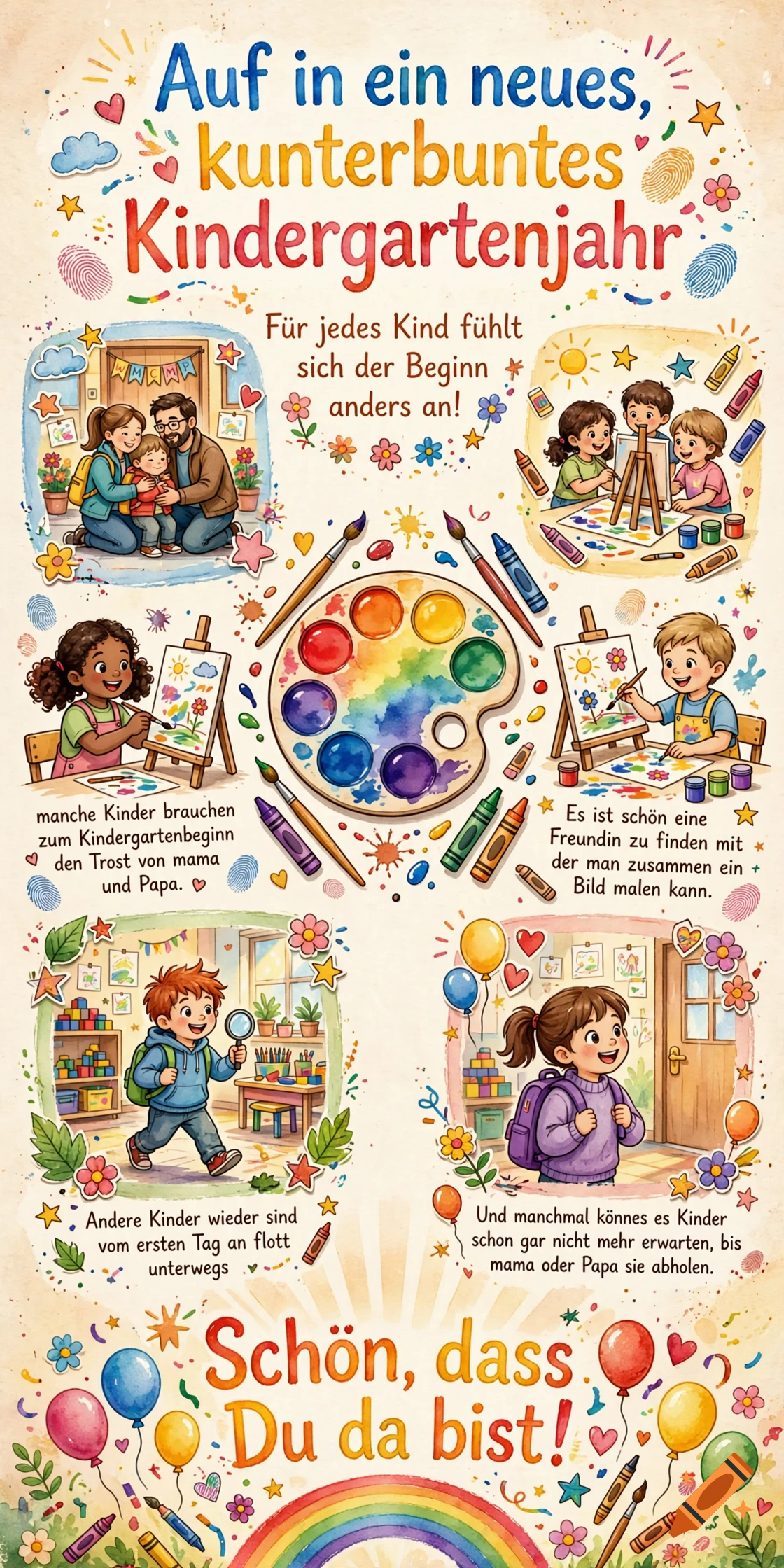 Watercolor style poster for the first day of kindergarten with children painting, playing, and German text.