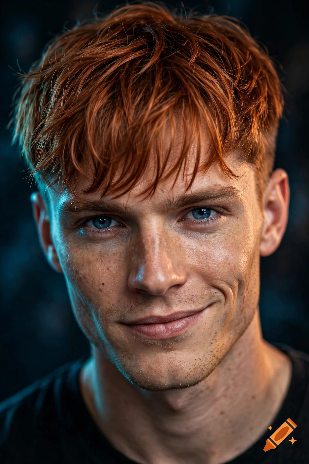 Photorealistic close-up portrait of a young man with red hair, freckles, and stormy blue eyes, smirking.