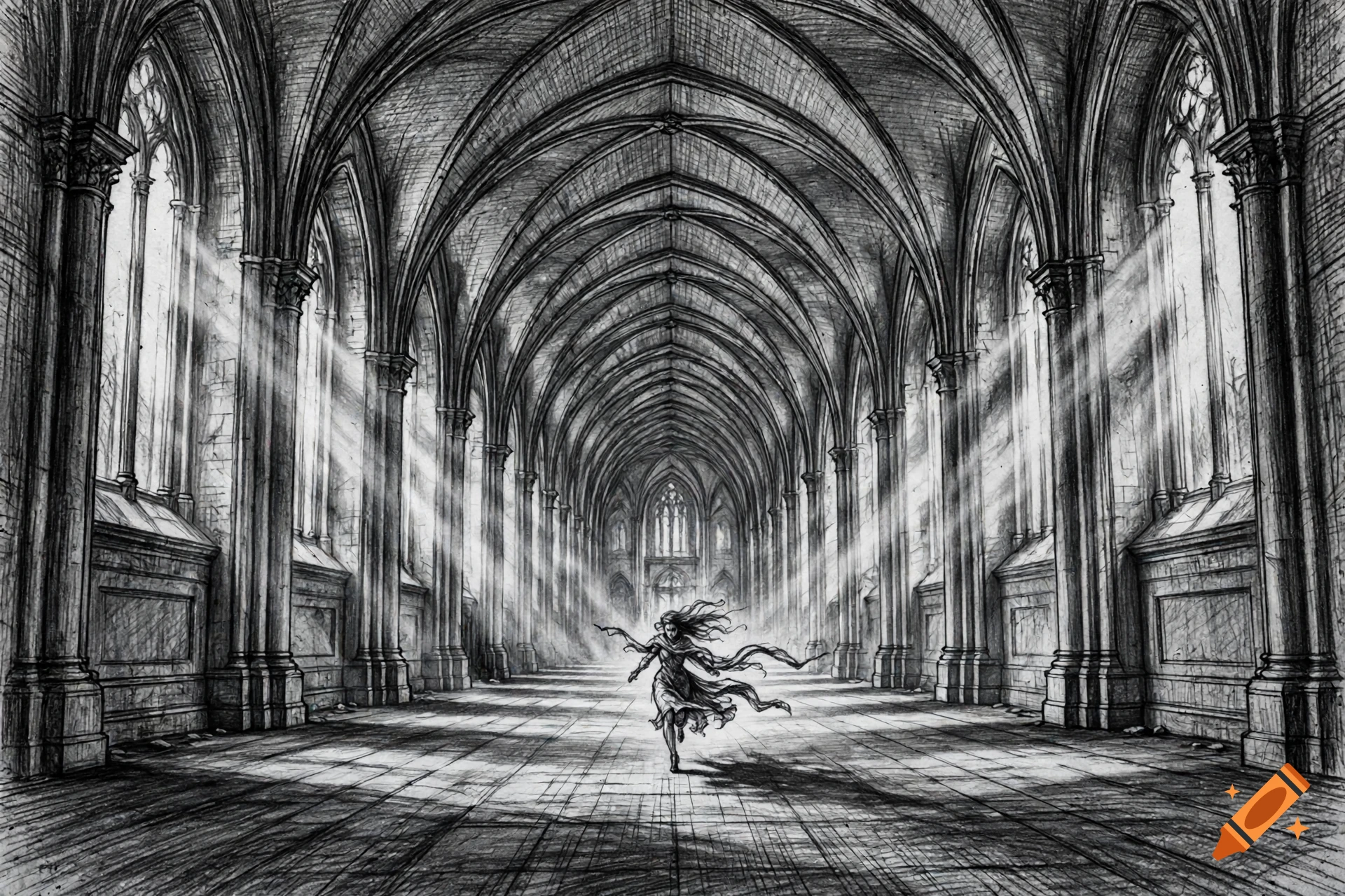 Pencil drawing of a large vaulted gothic cathedral interior with a small figure running towards the viewer down the long hall.