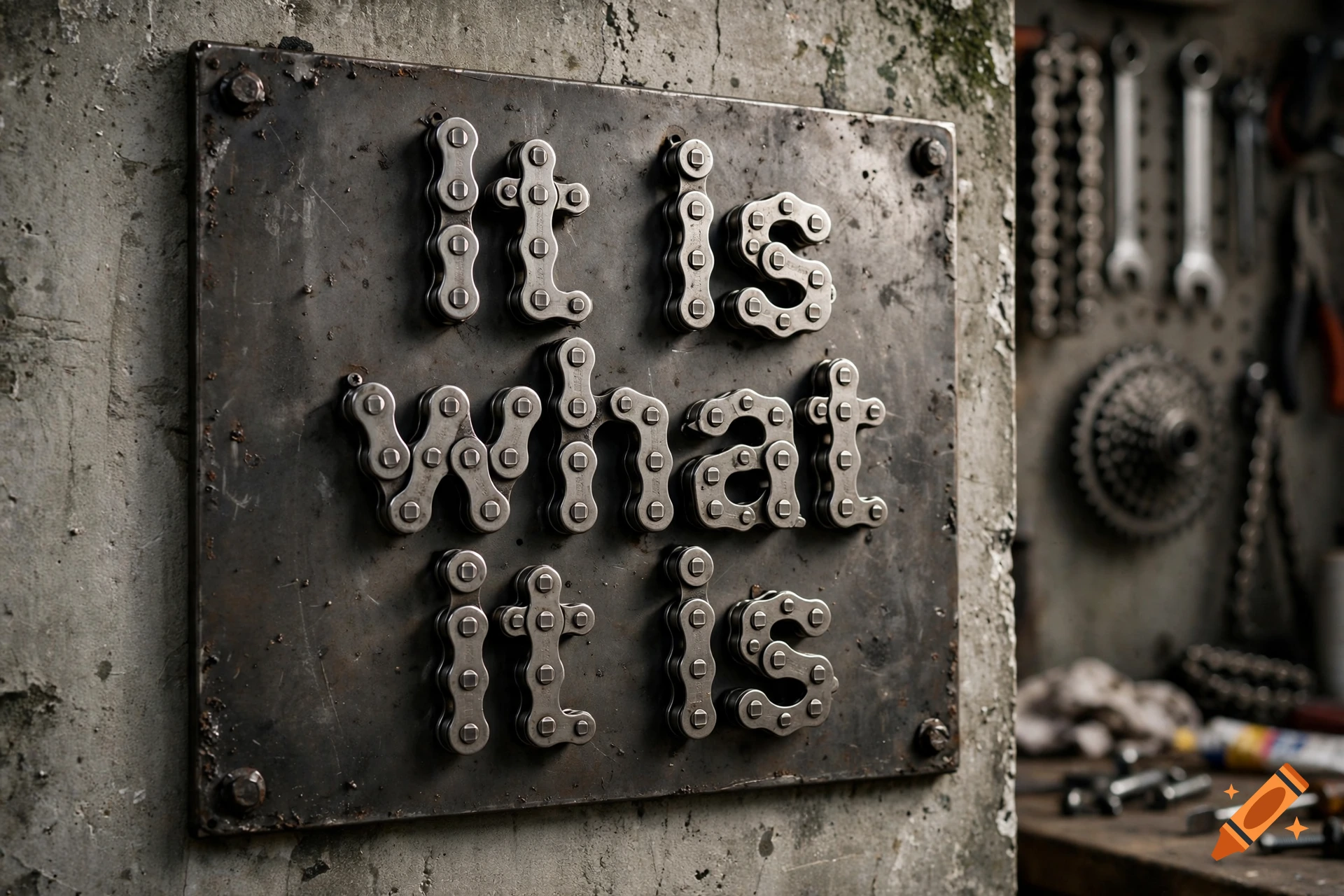 Close-up photograph of a metal plate with the words 'It is what it is' spelled out in bicycle chain links, mounted on a concrete wall in a workshop setting.