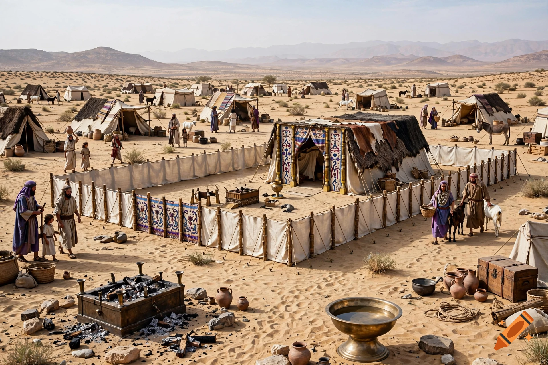 Photorealistic scene of the ancient Israel tabernacle and tents in a desert landscape with people and animals.
