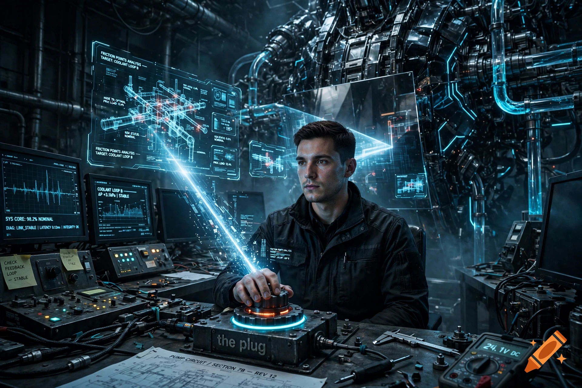 A young male operator interacting with high-tech displays and a glowing kill switch in a dark sci-fi control room, photorealistic.