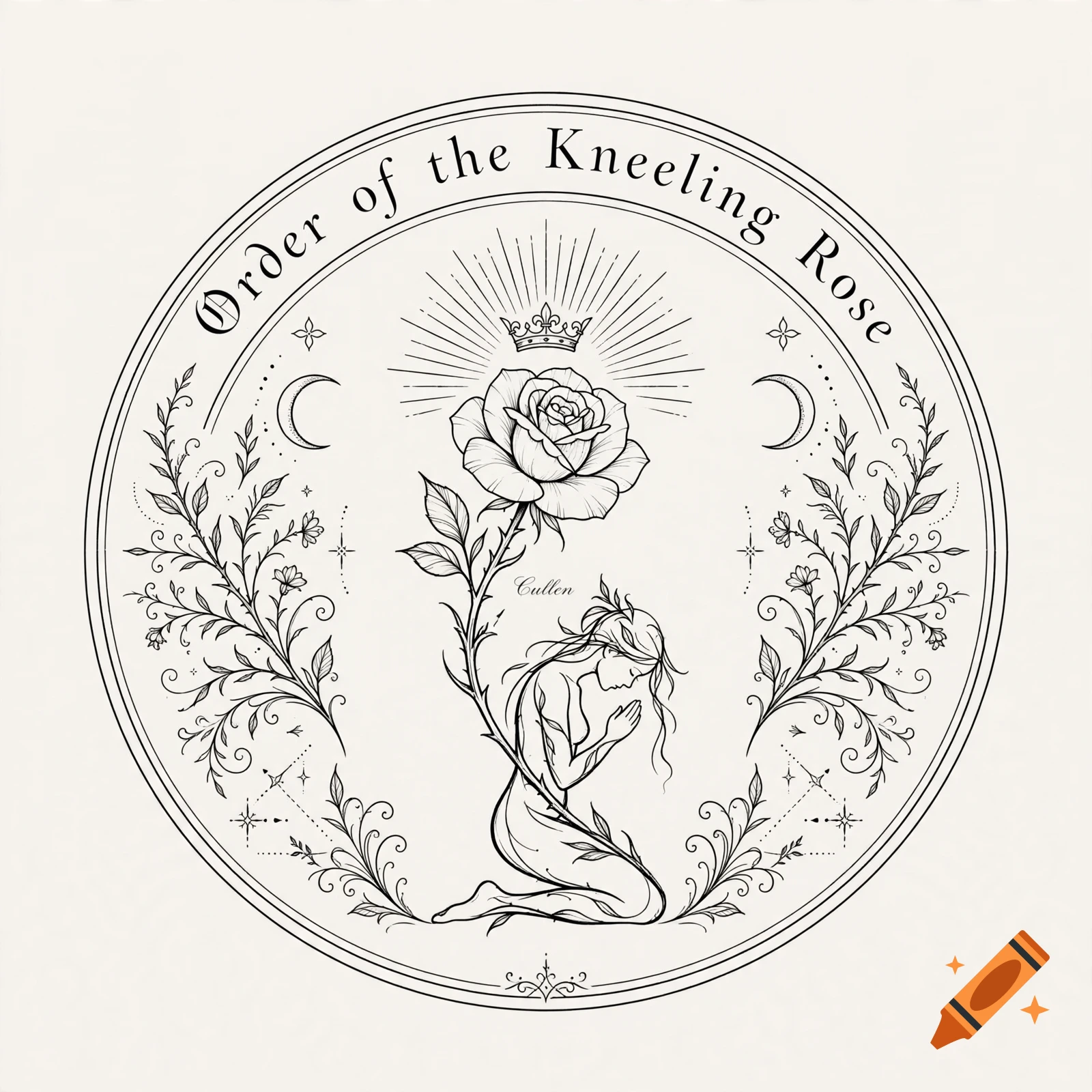 Fine line tattoo design featuring a kneeling woman and rose stem inside an ornate circular frame with text.