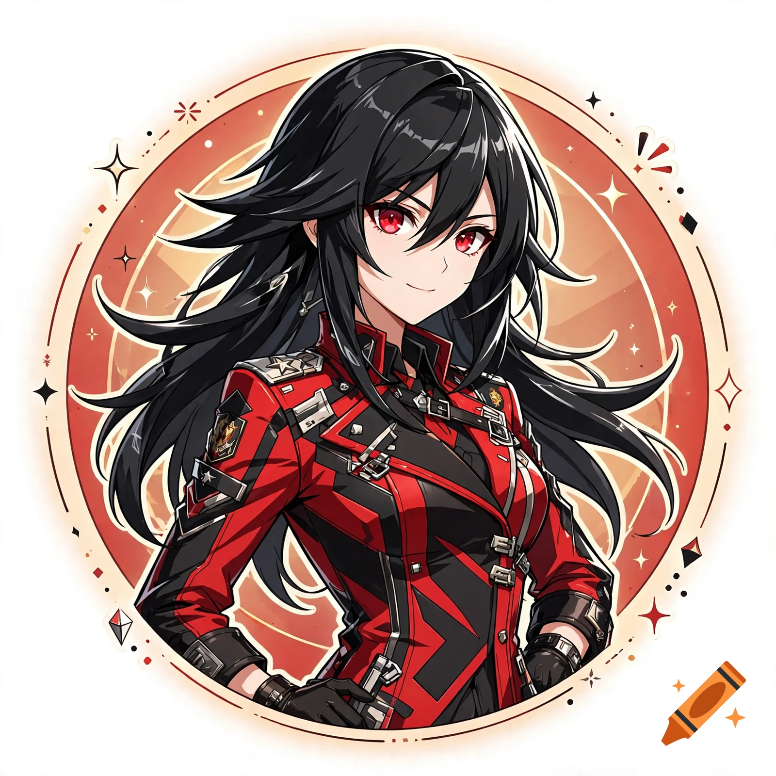 Anime style sticker design of a smiling woman with long black hair and red eyes wearing a red and black jacket.