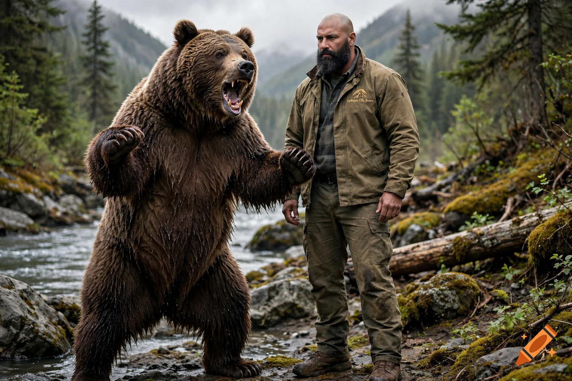 Photorealistic image of a large grizzly bear roaring next to a bald, bearded man in a jacket, standing by a mountain stream.