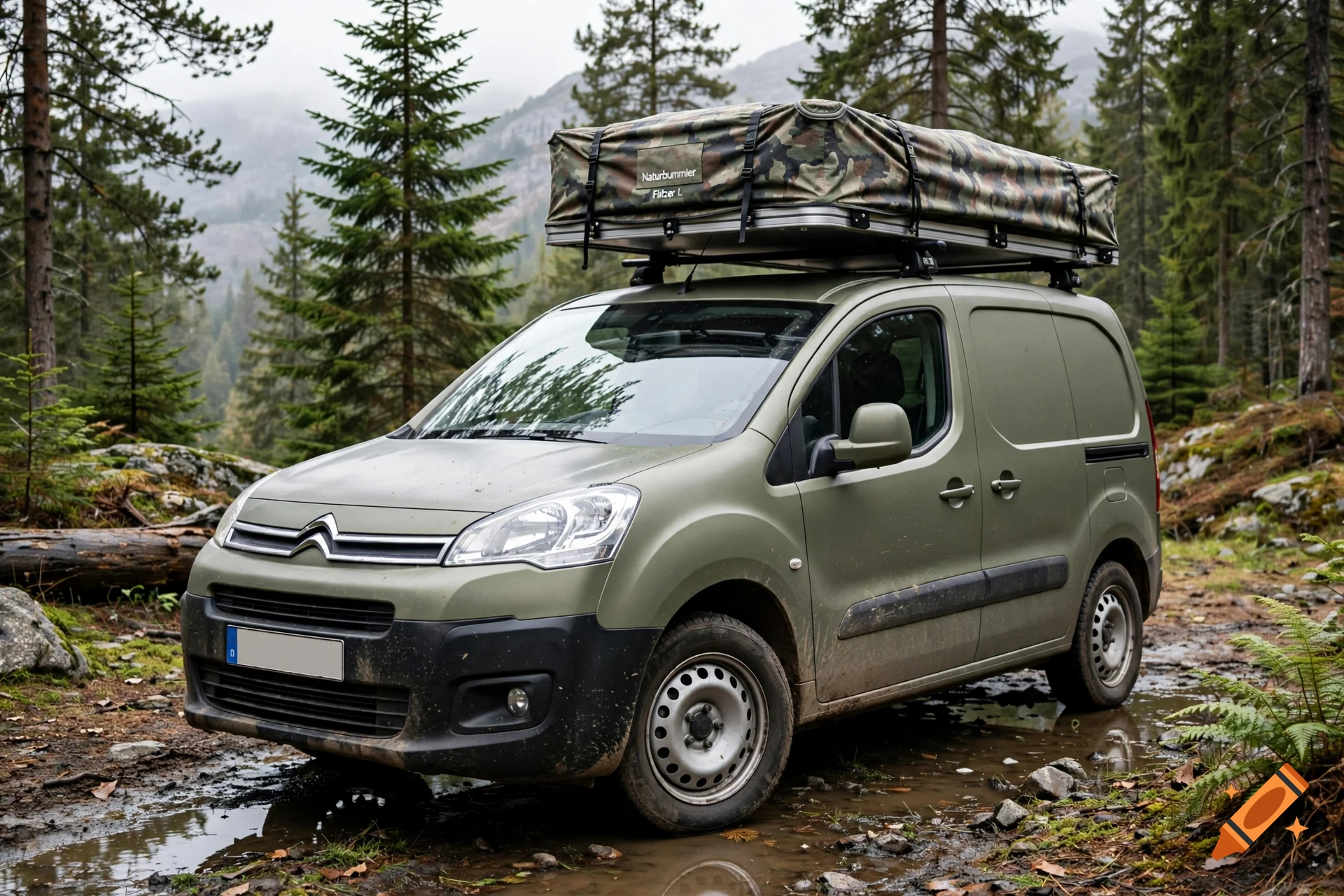 Photorealistic olive green Berlingo van parked in a muddy forest with a camouflage rooftop tent.