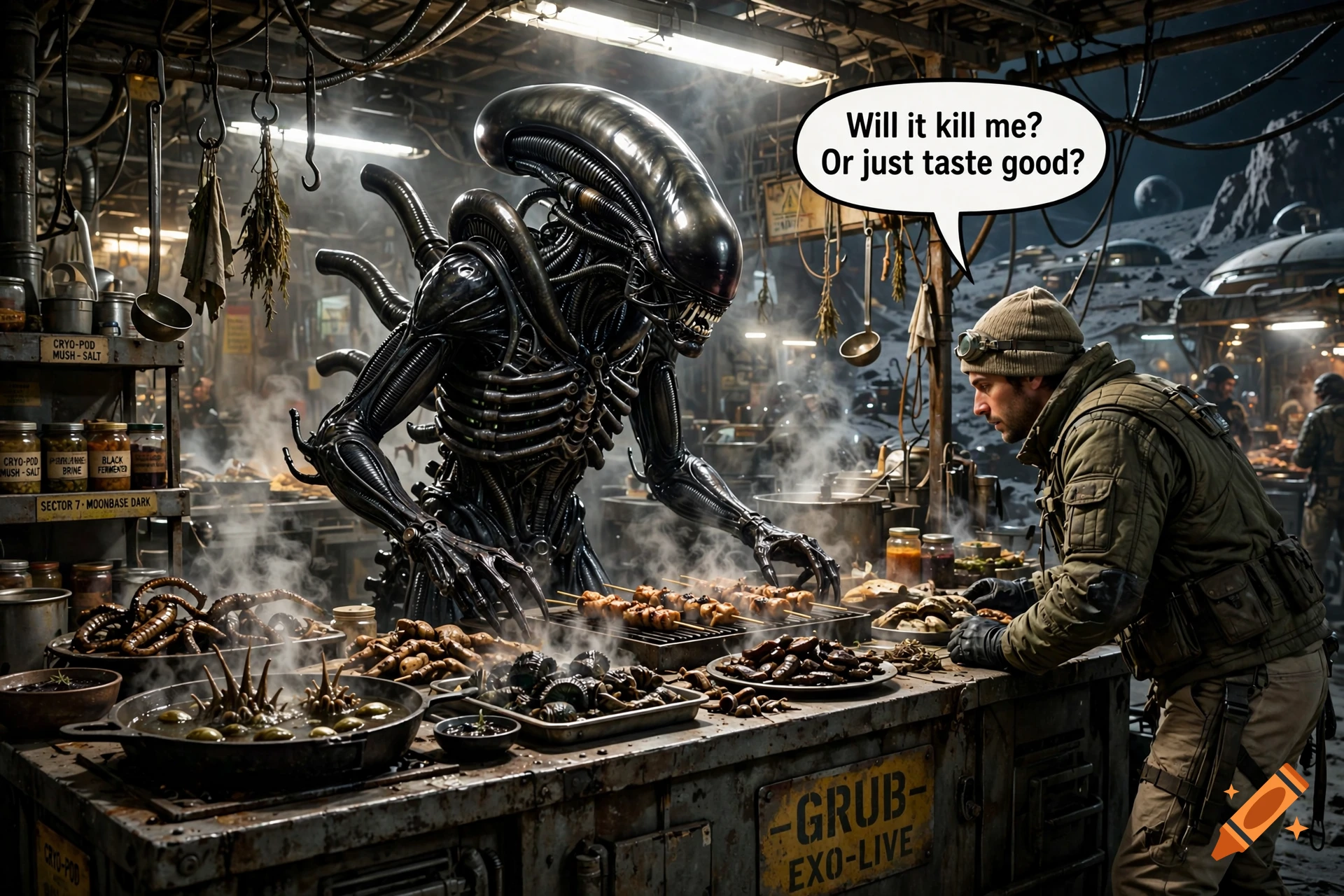 A Xenomorph running a street-food market stall on the moon, serving a human customer who is asking 'Will it kill me?'.