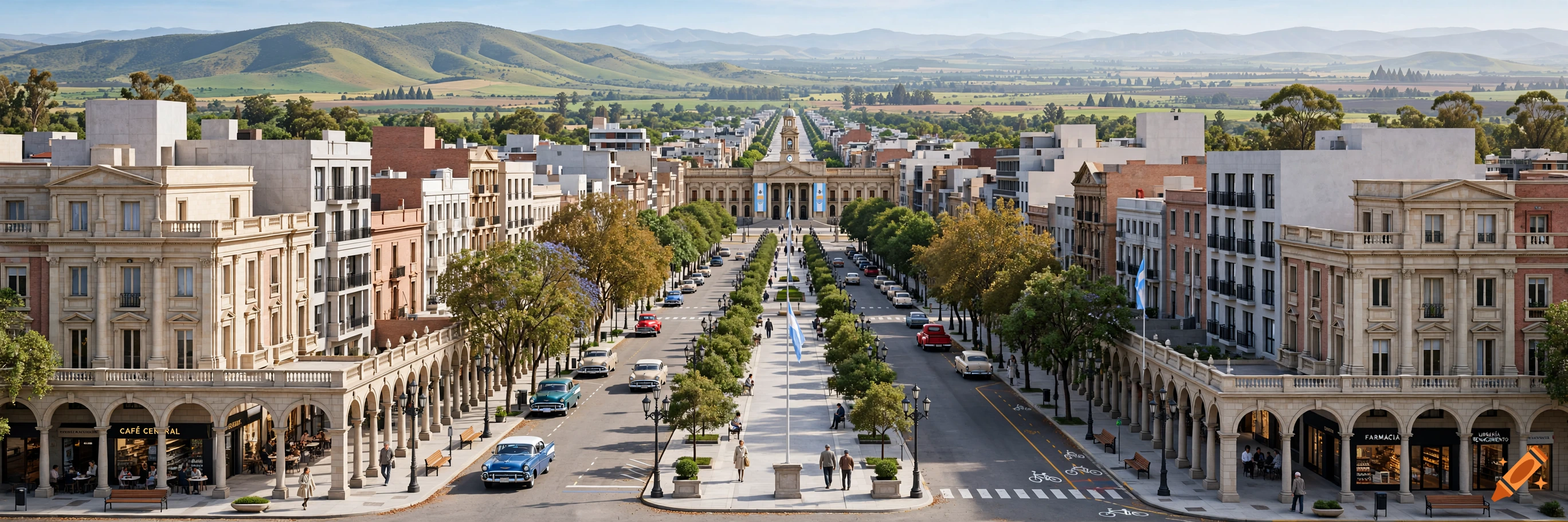 Panoramic photograph of a central street in an Argentine provincial capital with classical and modern buildings, trees, and classic cars.