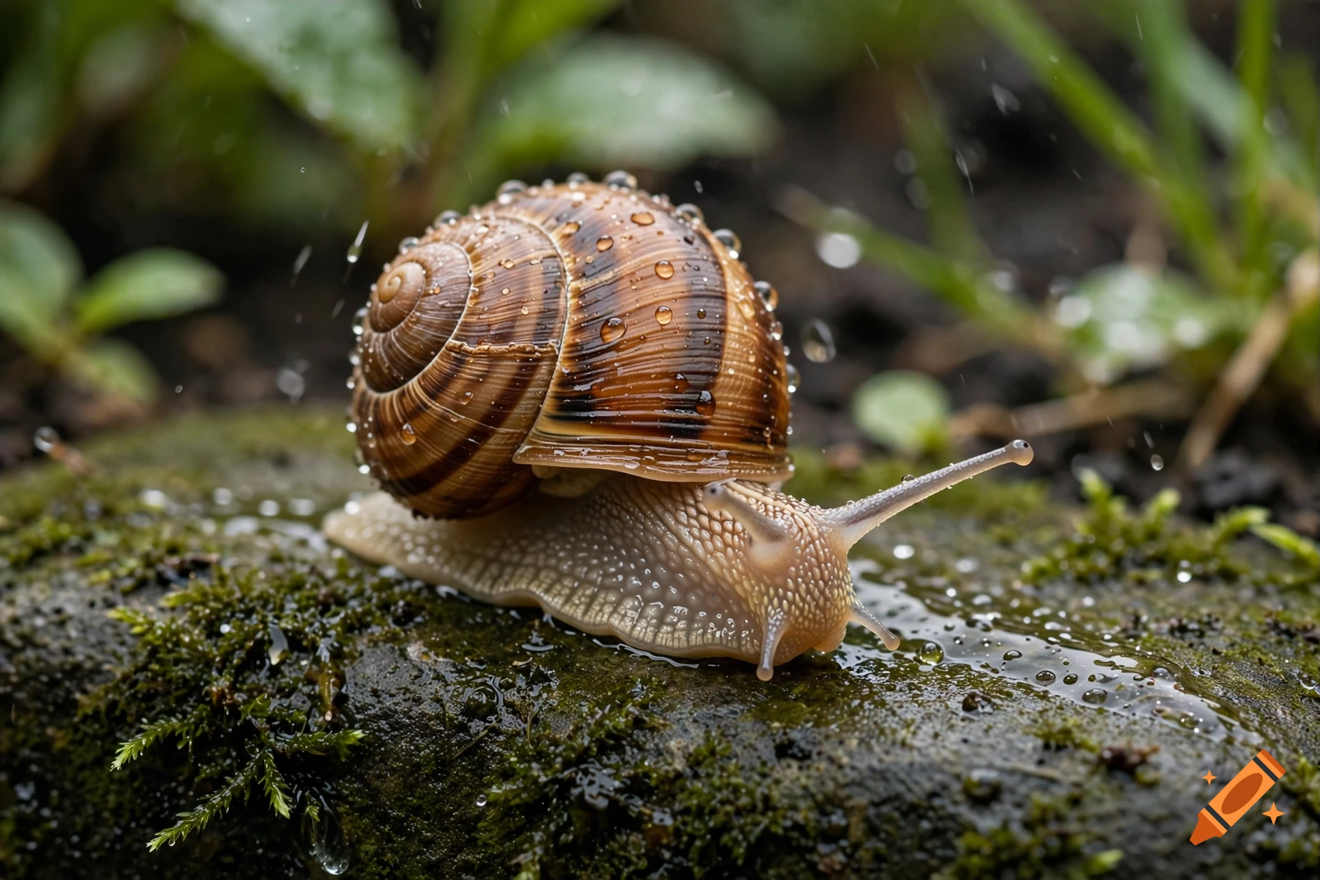 Photorealistic close-up of a brown and tan striped snail covered in water droplets on a mossy, wet stone.
