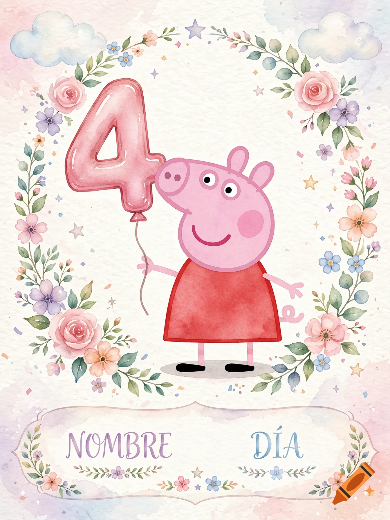 Watercolor birthday invitation for a 4-year-old featuring Peppa Pig holding a giant number four balloon surrounded by flowers and clouds.