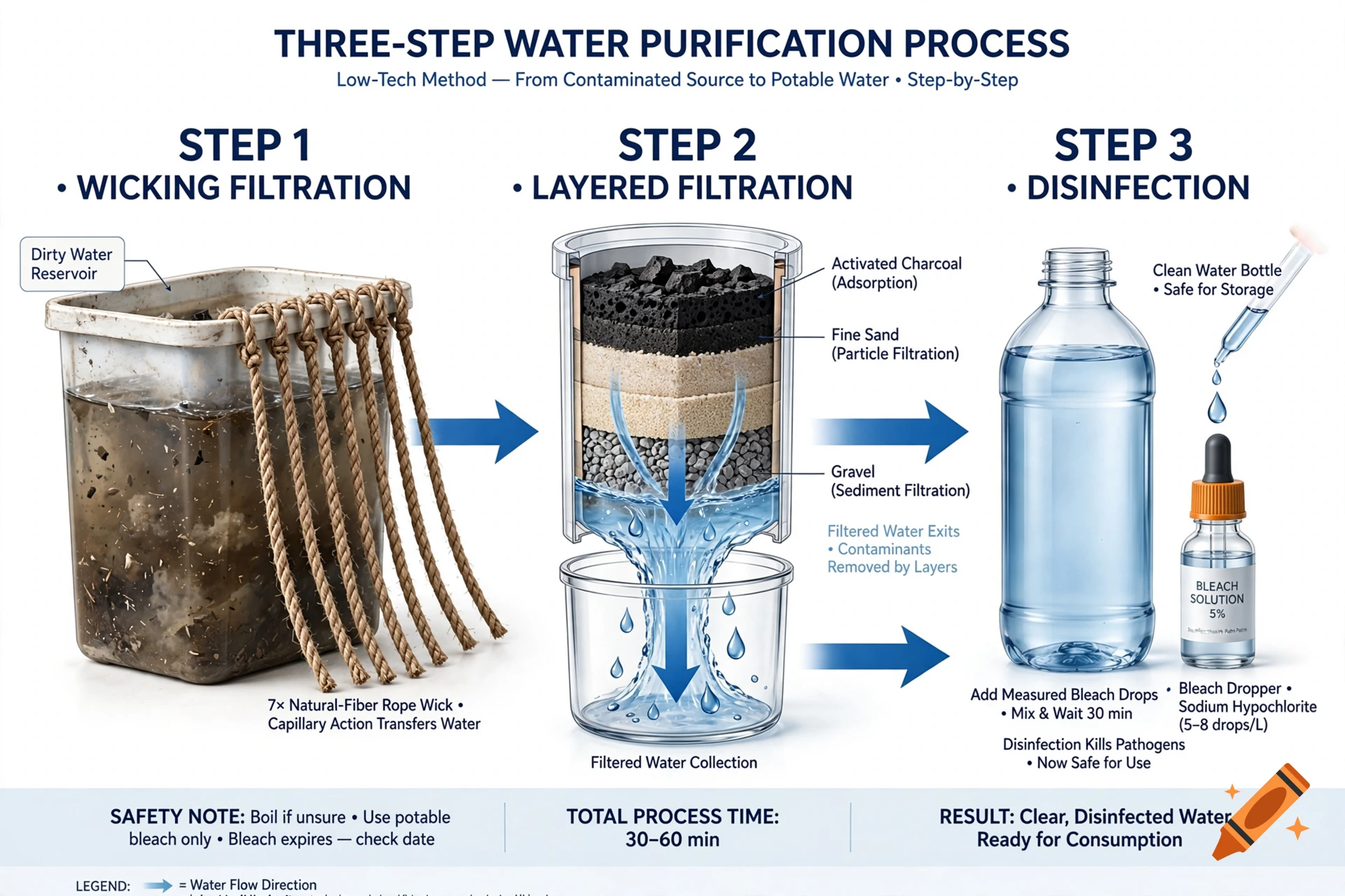 Educational infographic detailing a three-step water purification process using wicking, layered filtration, and disinfection.