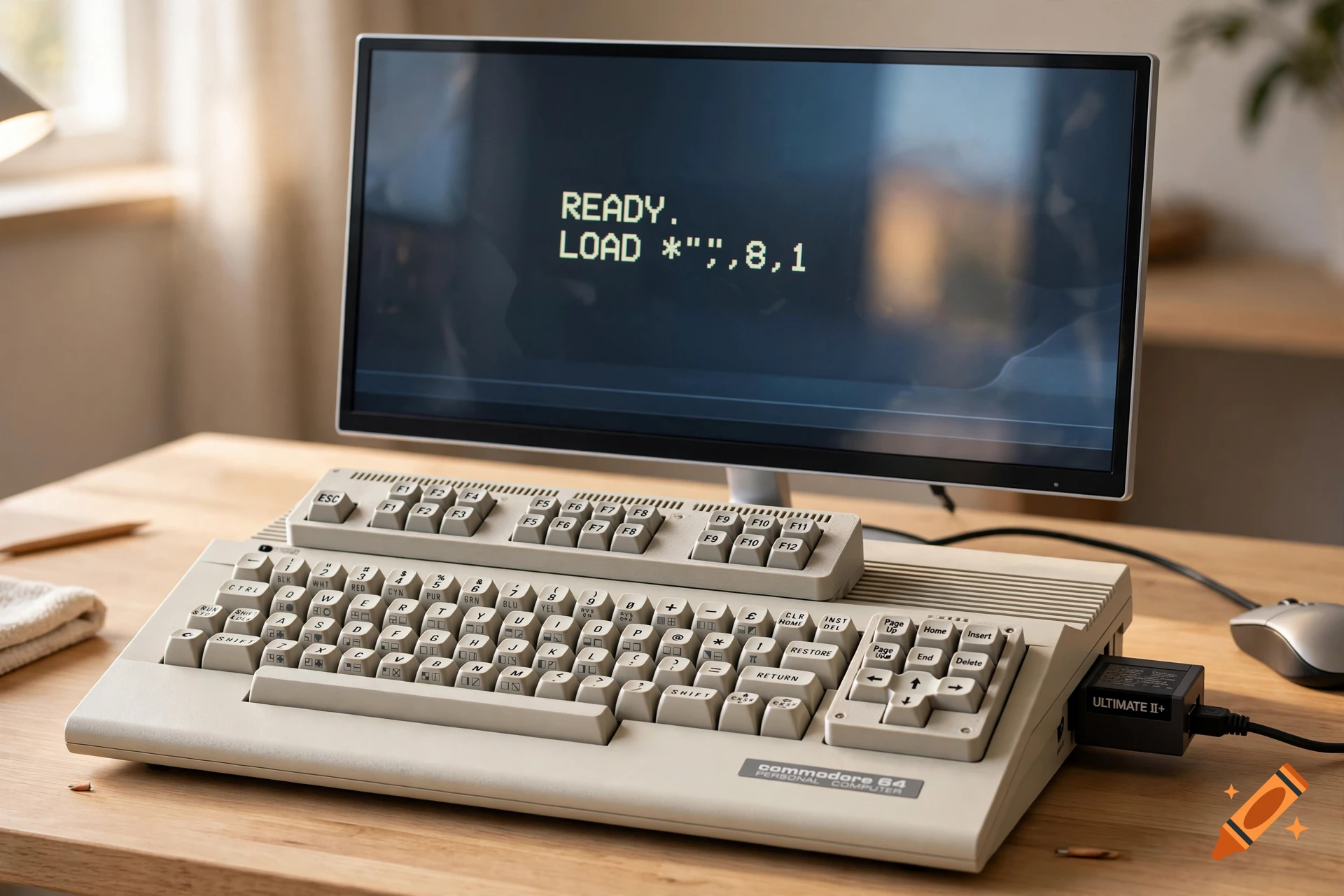 Photorealistic image of a custom retro Commodore 64C computer on a wooden desk with a modern LCD screen and mouse.