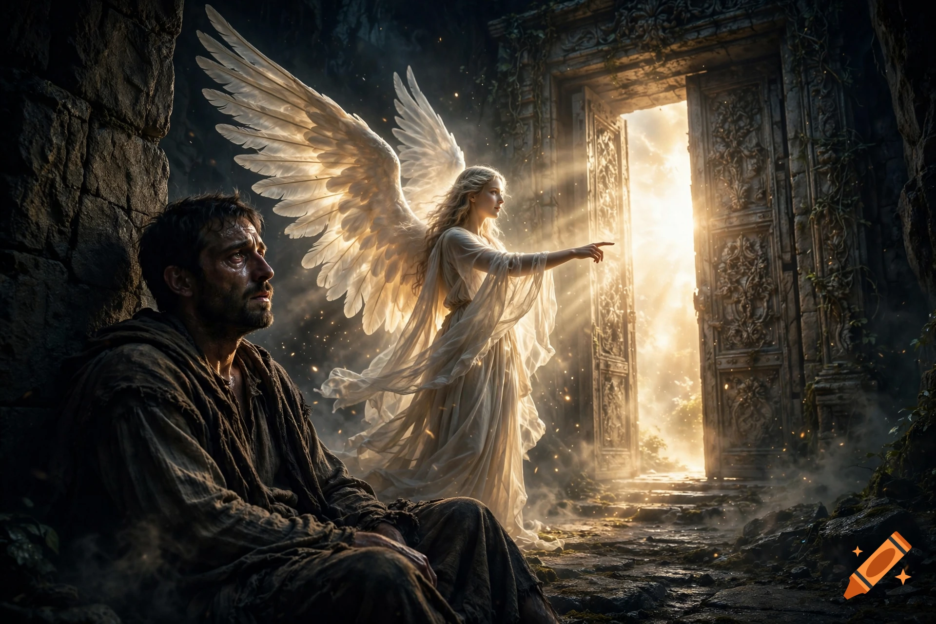 Cinematic photorealistic shot of an exhausted man sitting in the dark as an angelic figure with glowing wings points toward a bright doorway.